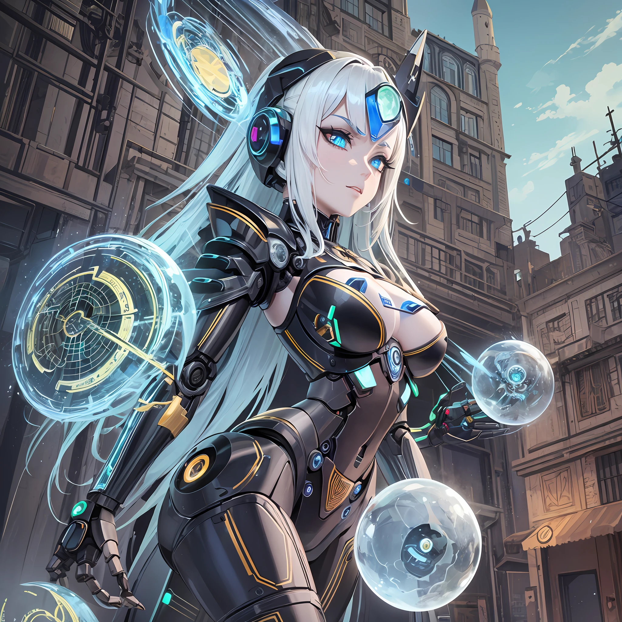 (Uma garota:1.1) (with robotic and malicious traits:1.2), com (mechanical arms), (detailed CG 8k background+workshop)0.2]