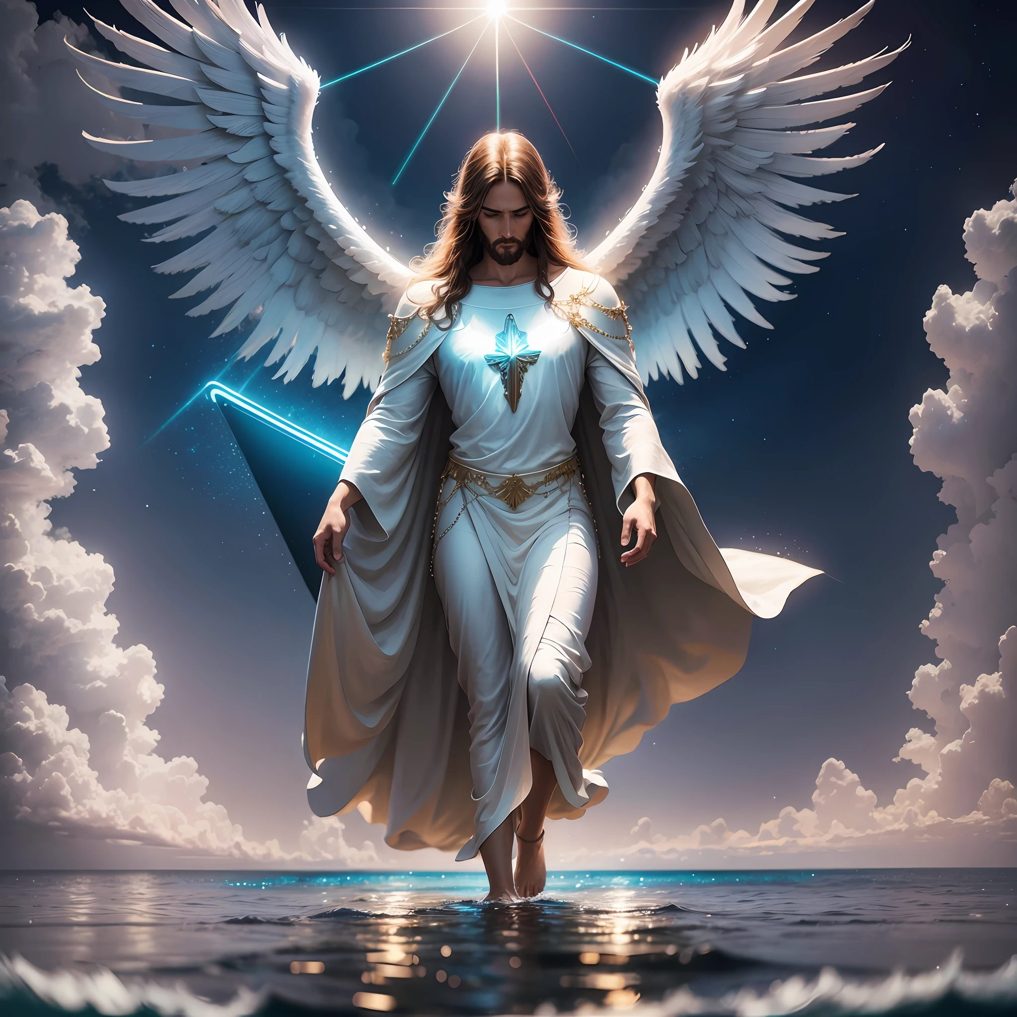 angel of god jesus christ walking on ocean waters with bright lights around neon light super realistic high resolution with maximum detail --auto --s2