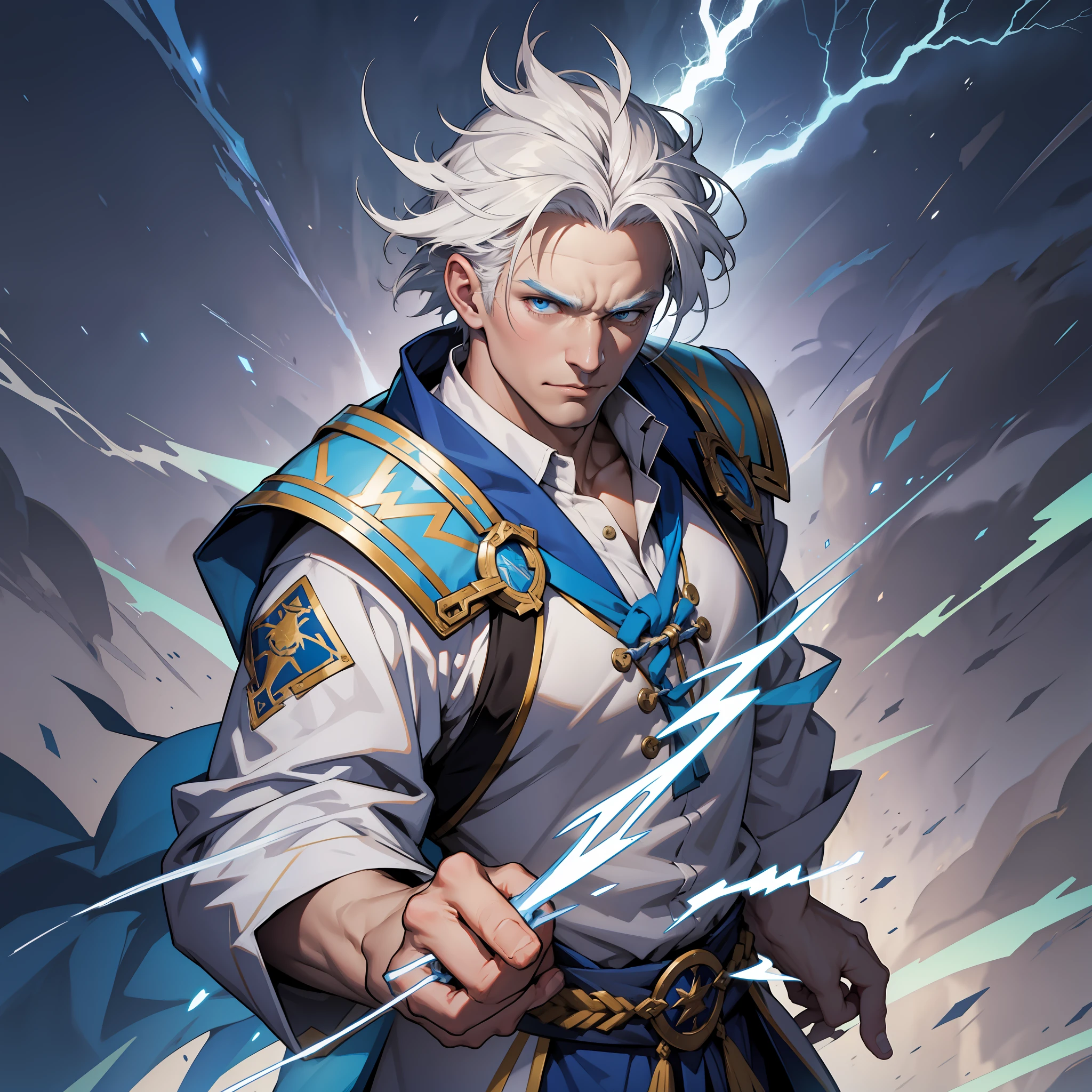 White-haired middle-aged man with lightning bolts in his hands, blue Daoist robes, strong