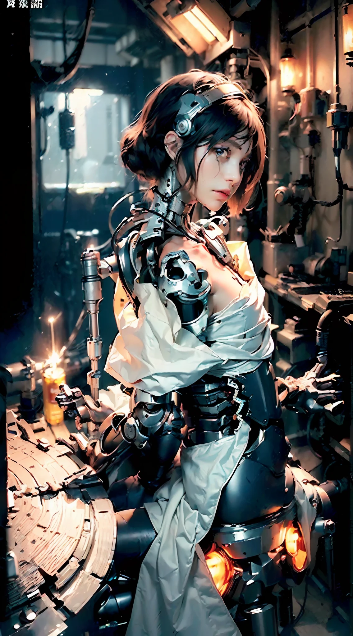 (((masterpiece))), ((best quality))), ((ultra-detailed)), (CG illustration), (an extremely devious and beautiful)), (cute desktop face), cinematic light, ((1 mechanical girl)), solo, whole body, (machine-made joints). : 1.4), ((mechanical limbs)), (bursting muscles), (blood vessels connected to tubes), (brain in containers: 1.3), ((mechanical vertebrae attached to the back)), ((mechanical cervical vertebrae attached to the neck)), ((sitting)), expressionless, (wires and cables attached to the head and body: 1.5), small breasts, short hair, (character focus), science fiction, female scientists, doing experiments, studying experimental samples, a huge laboratory, blue tone
