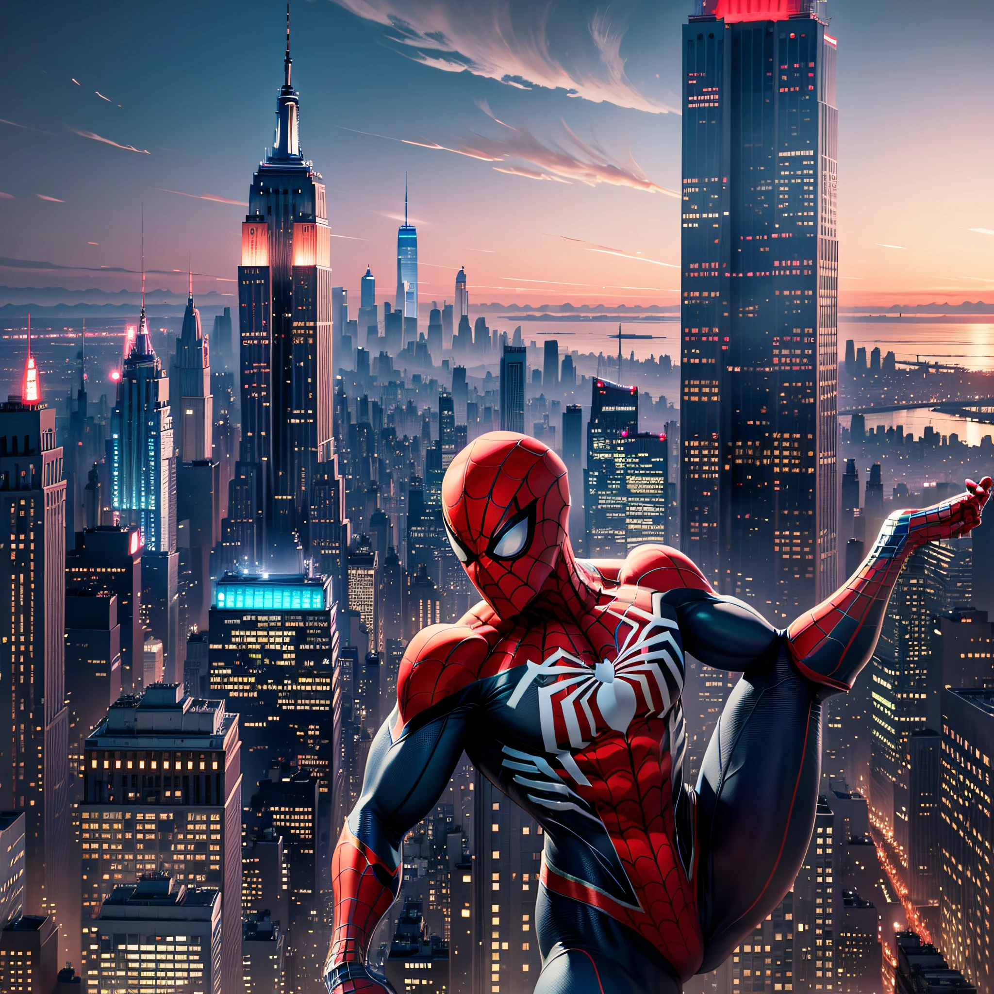 Ultra-high quality 8K, the roof of the Empire State Building at night, the city is very lively, Spider-Man is wearing a gorgeous spider suit, dancing in the wind, and the surreal scene is breathtaking. --auto --s2