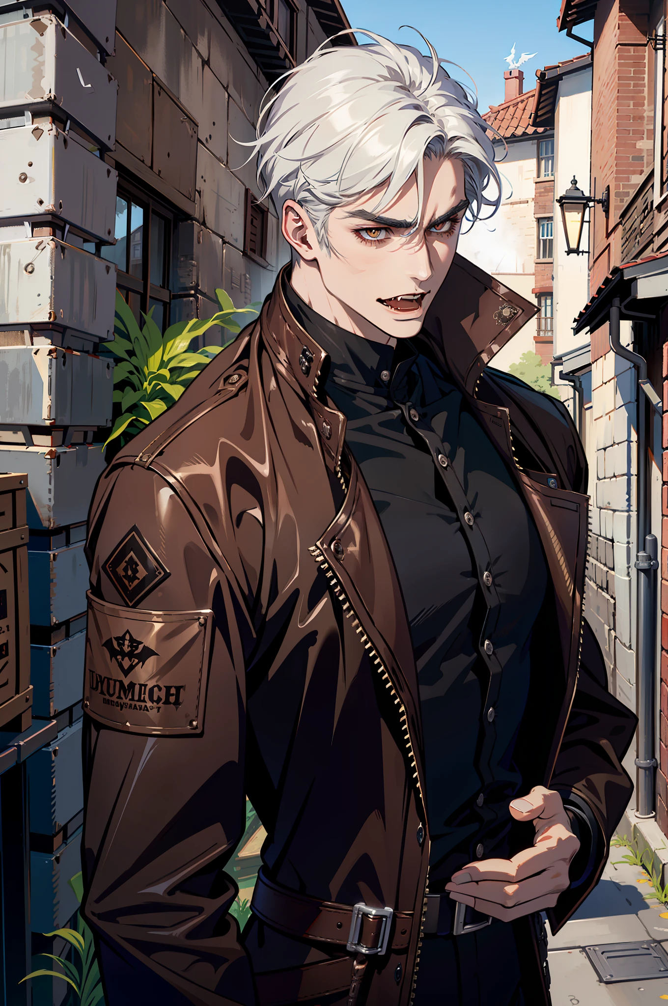 ((open mouth)), ((vampire fangs)), (absurd res, high res, ultra detailed), 1 male, adult, handsome, tall muscular guy, broad shoulders, white hair, finely detailed eyes, portrait, looking at viewer, solo, half shot, detailed background, detailed face, (steampunk industrial), smirk, renegade, rugged dark leather clothes, small leather pouch, high fantasy medieval setting, smuggler hideout background, stealth, undercover, (crates in background), shadows, fog, (dutch angle),