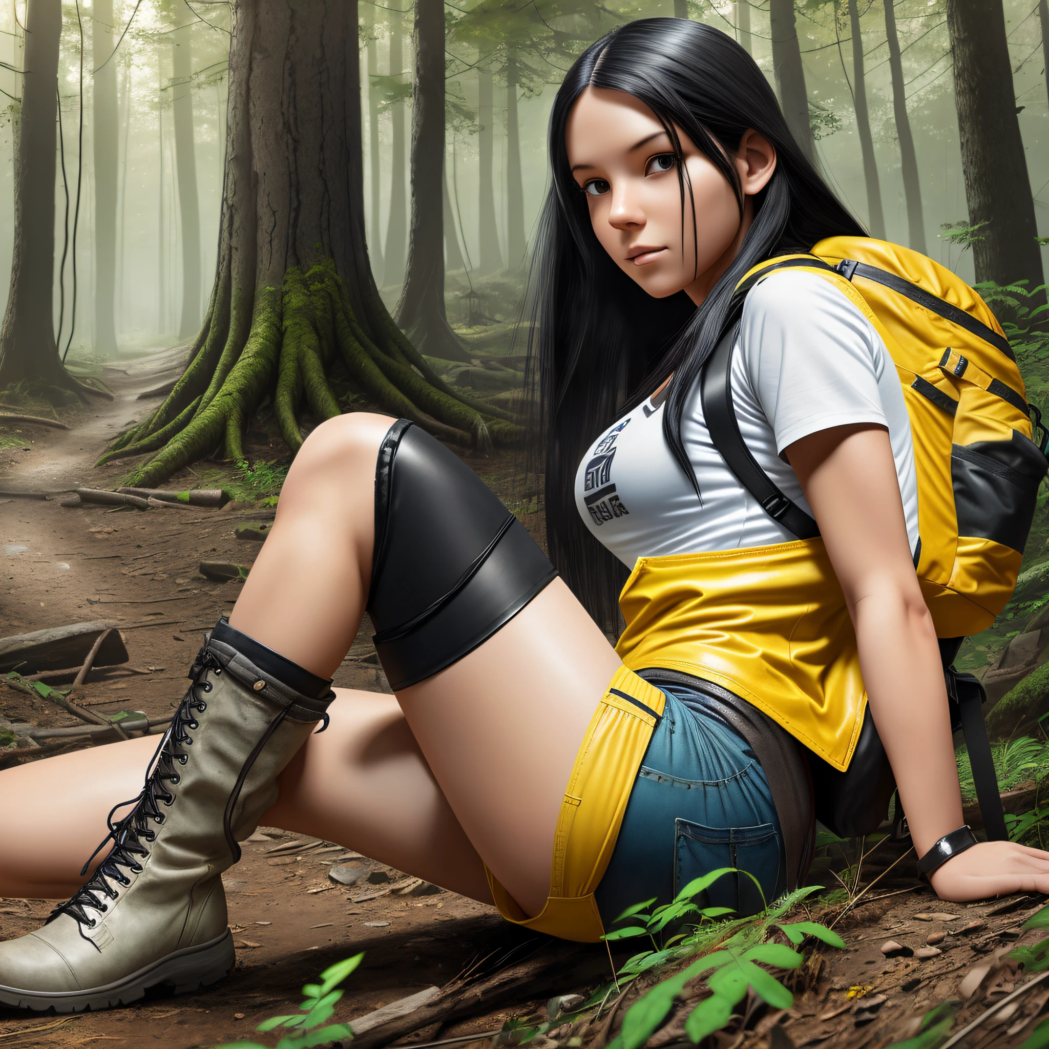 concept art, white girl with long black hair, full body, wearing short shorts, wearing white t-shirt, wearing blue vest, wearing black hiking leather boots, survivor, with yellow backpack on back, dirty skin and face, forest background
