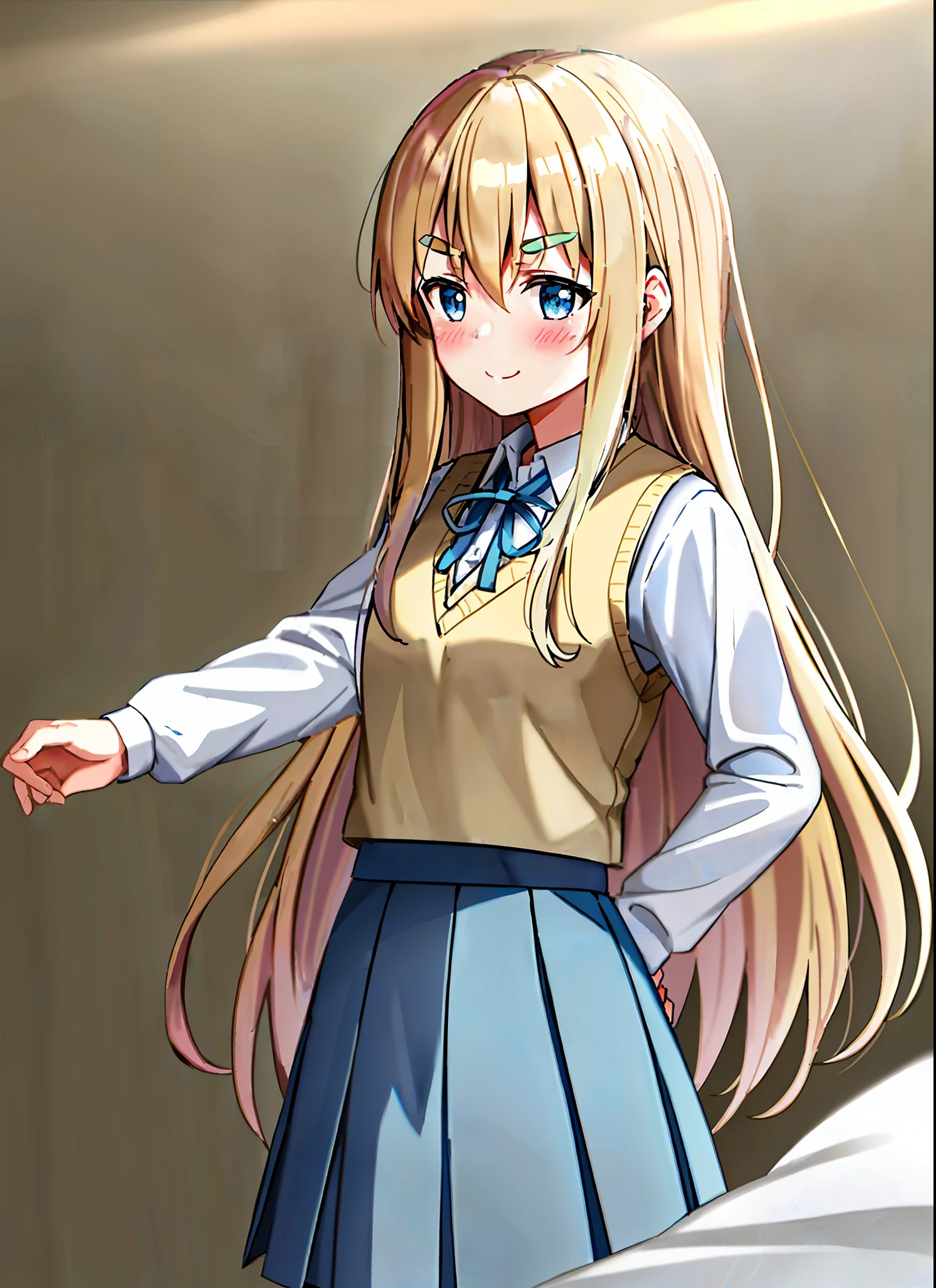 ((Tsumugi Kotobuki lies in bed)), ((blue eyes)), (((blue eyes))), (((long blond hair))), (((thick blond eyebrows))), (smiling face) (a light steel blue skirt), (((beige))) vest, (((beige vest with narrow blue ribbon))), ((white short-sleeved shirt under beige vest)), (shy: 1.4), 1girl, blush, embarrassed, looking_at_viewer, medium_breasts, (a light steel blue pleated skirt),  pleated_skirt, school_uniform, skirt, solo