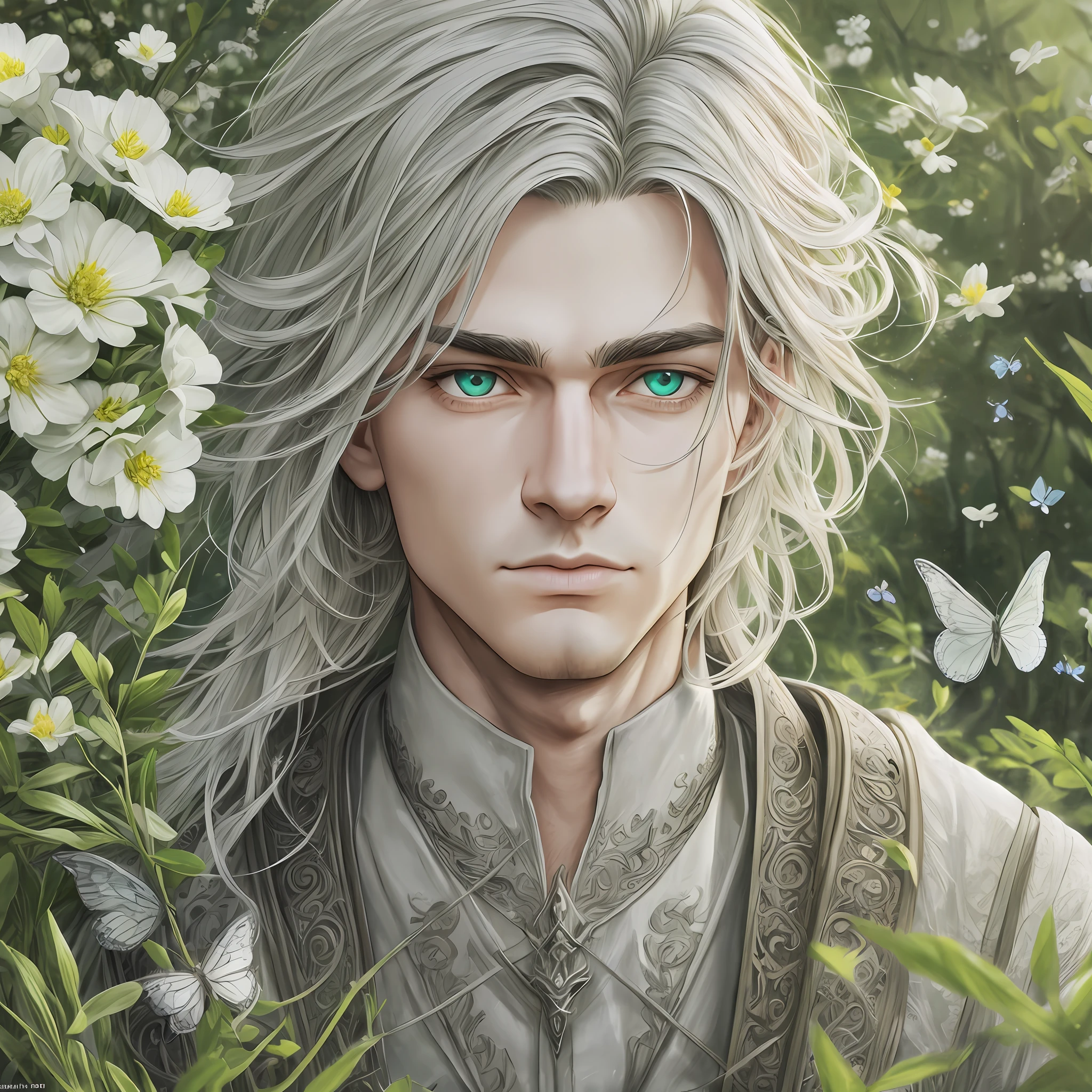 Drawing, realistic fantasy, clarity, detail 8kk, solo, portrait, male appearance, (ultradetailing), boy, light gray hair, (hair detailing), big green eyes, (fine eye detailing), thick eyelashes, (eyelash detailing), meadow, white butterflies, (detailing the surrounding nature), 4kk - --auto --s2