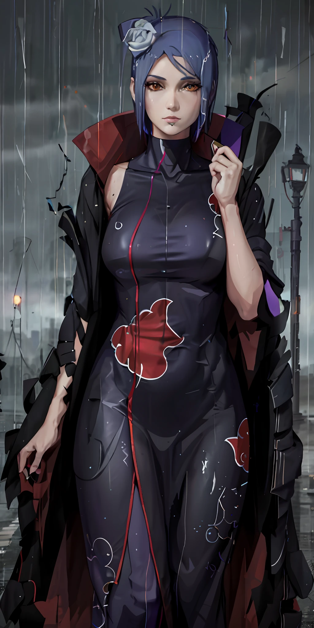 Tall beautiful woman with short purple hair with orange eyes in a rainy setting