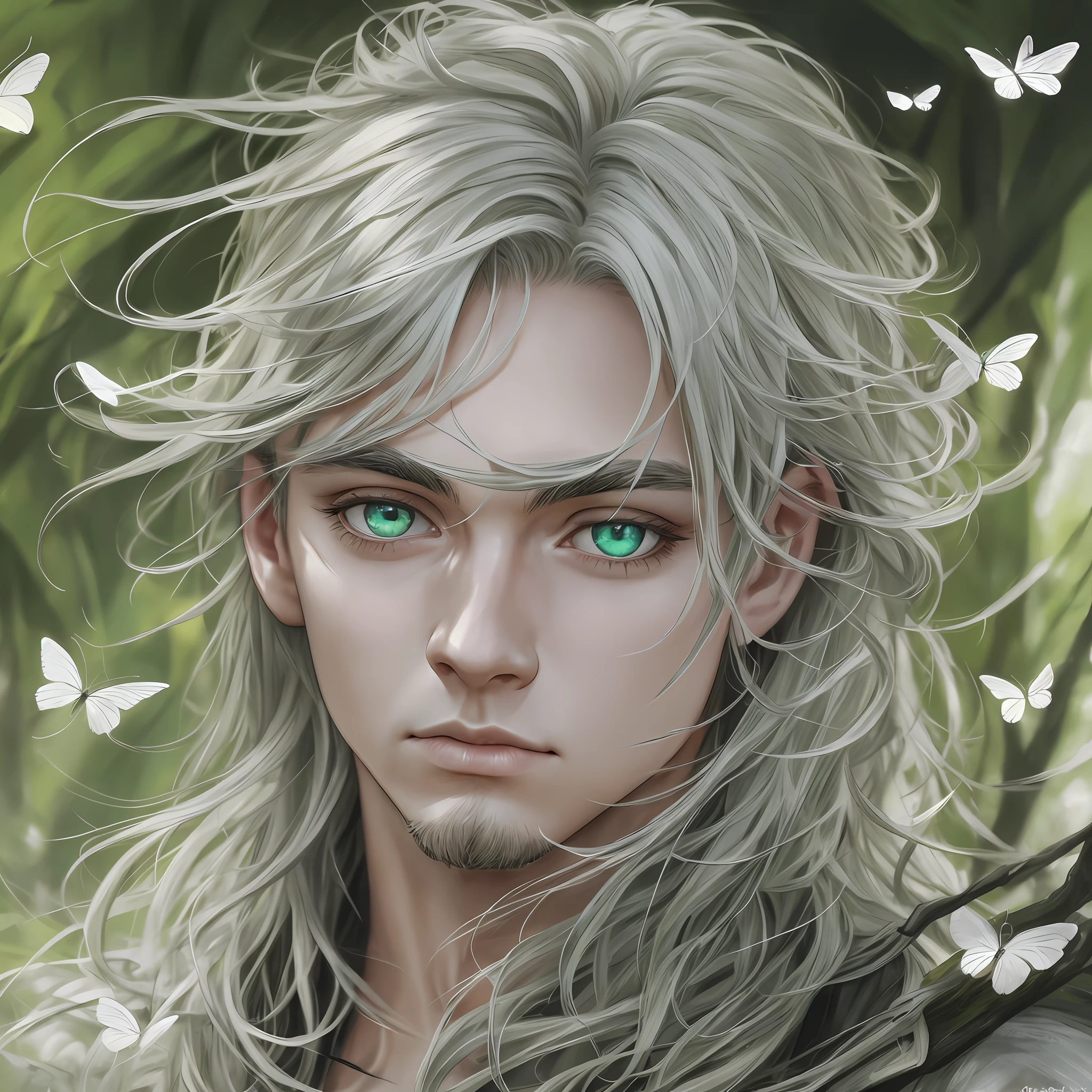 Drawing, realistic fantasy, clarity, detail 8kk, solo, portrait, male appearance, (ultradetailing), boy, light gray hair, (hair detailing), big green eyes, (fine eye detailing), thick eyelashes, (eyelash detailing), meadow, white butterflies, (detailing the surrounding nature), 4kk - --auto --s2