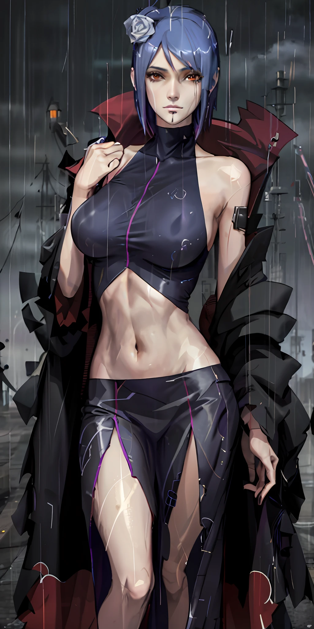 Tall beautiful woman with short purple hair with orange eyes in a rainy setting