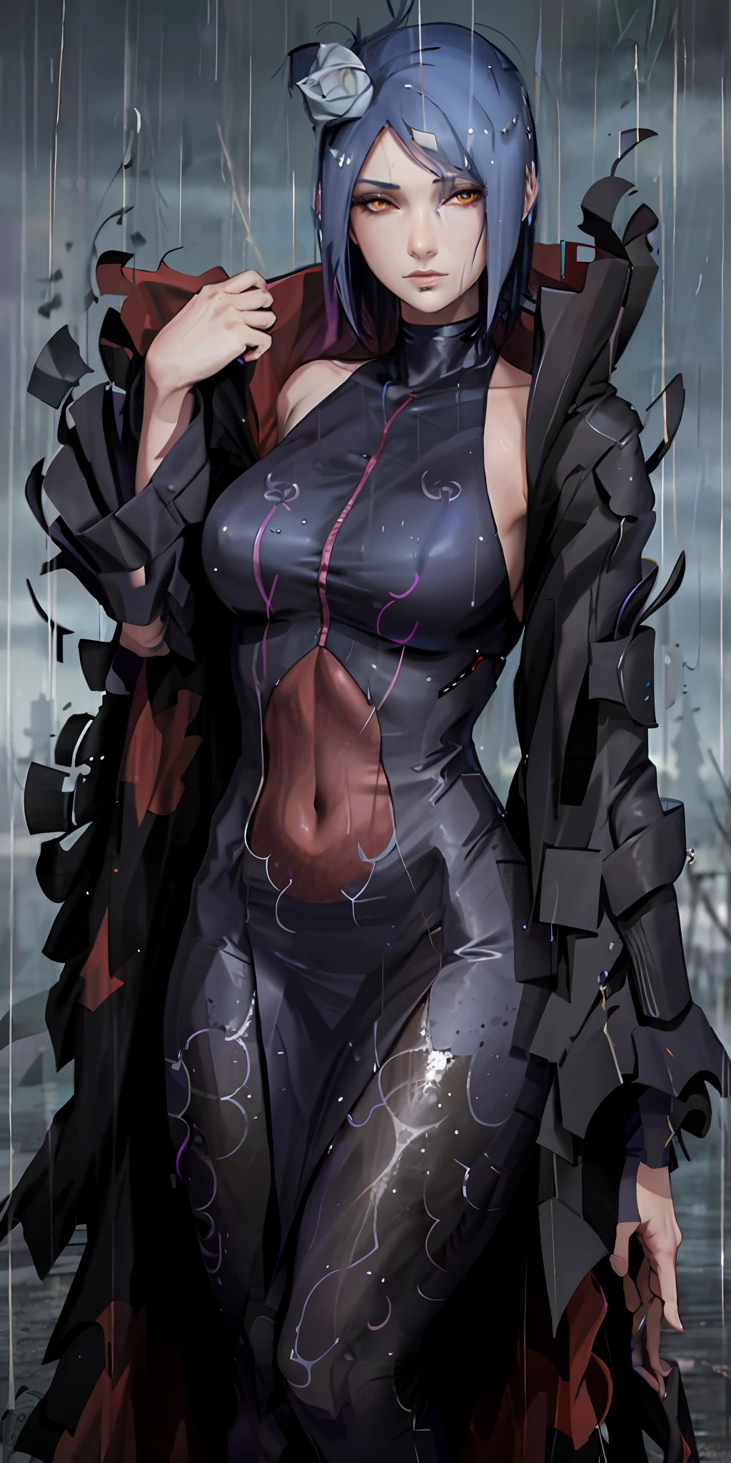 Tall beautiful woman with short purple hair with orange eyes in a rainy setting