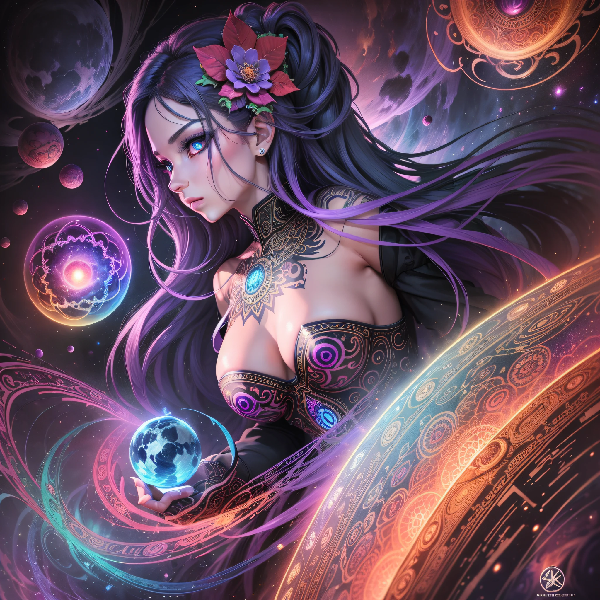 ((Best quality, 8k, Masterpiece :1.3)) beautiful woman: 1.3, beautiful face, showing back, saturated colors, psychedelic image, LSD, mandala, fractral, costume, tattoo, painted body, wedding outfit, body leaning forward, art similar to Alex Grey's art, lots of color saturation, vortex, ultra realistic, planet earth, galaxy, with lots of lighting, shading and contrast, RPG,  Mage, colorful eyes, 3D depth