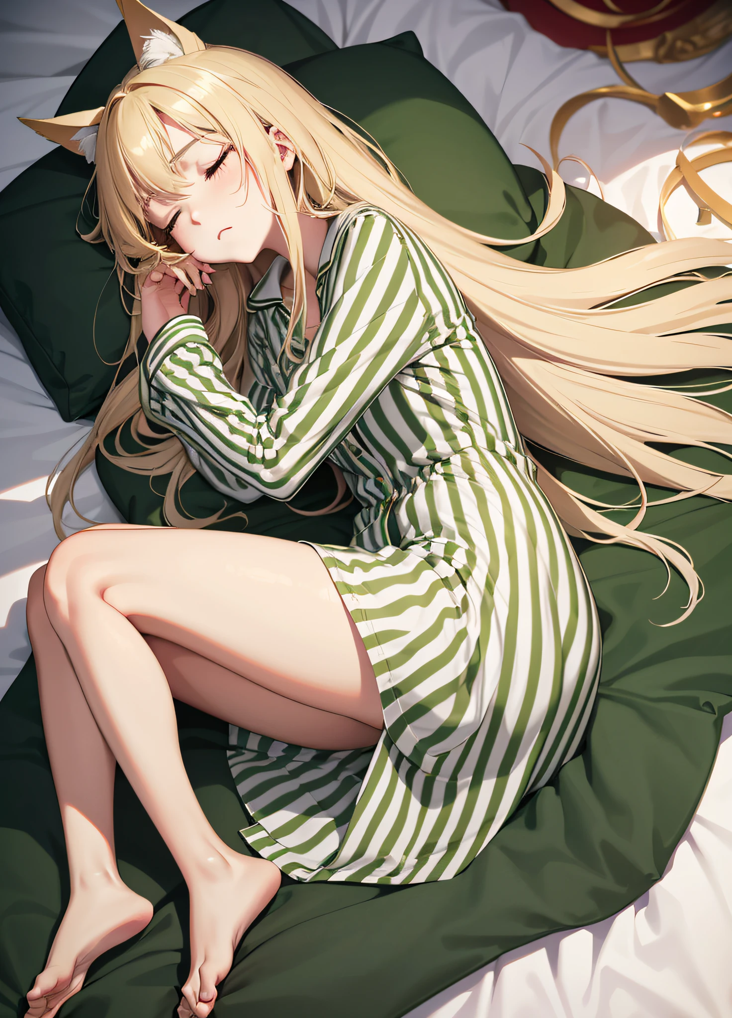 masterpiece, (highest quality), alone, (young woman), solo, blonde long straight hair, big, dog ears, (golden eyes), (pajamas with green and white stripes), barefoot, red cheeks, (sleeping with eyes closed), ((sweating a lot)), legs open, lying down, ((very dark)), (midnight room))), on the bed, looking down from above