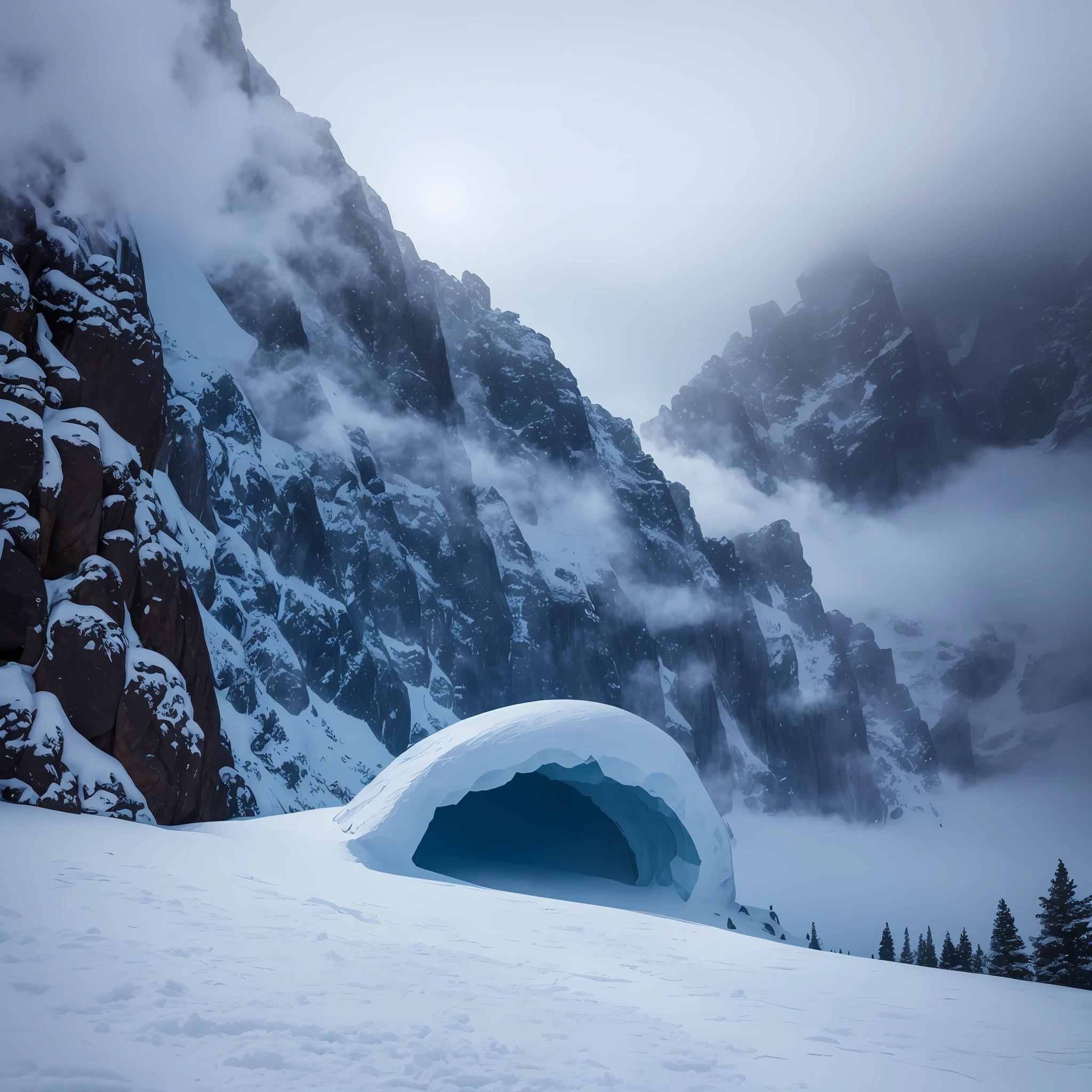 creates a cave on top of a mountain of snow the weather ta with fog and is darkening, Surrealism, UHD, super detail, 4K, high quality, 16k --auto --s2