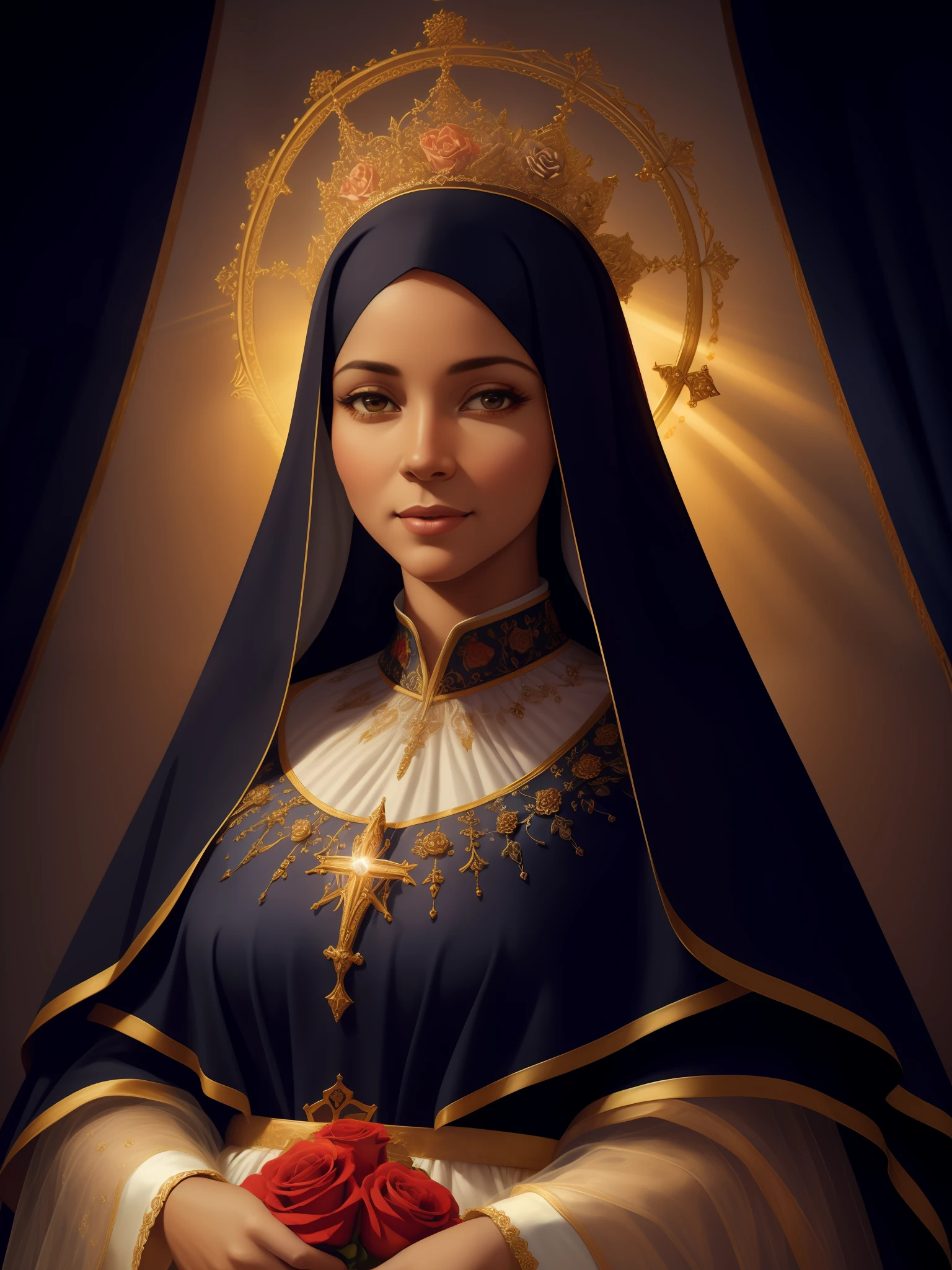 highly detailed portrait of the Virgin Queen Mary, ((motherly, cheerful and sweet look)), (black woman), with roses in the heart, (Mother of Jesus Christ) halo of light, ((nun style veil)), unreal engine, art by mark ryden, count norem, global lighting, divine rays, detailed and intricate environment, navy blue colored robe, bust style portrait, roses decorating the portrait