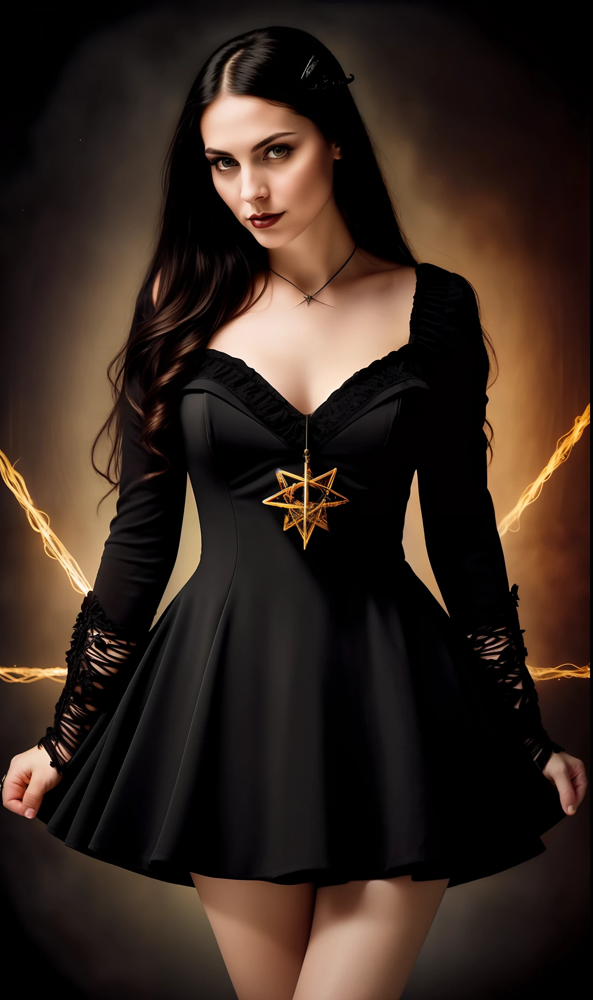 Gothic, Portrait, ((((photorealistic portrait)))), ((((hyperrealistic portrait))). Linda (sexy young woman), medium dark hair, (beautiful face), (((correct anatomy, correct body proportions)))), correct hands, holding (skull vessels)), (dressed) in black (((erotic dress))), against the backdrop of an old abandoned castle, (((standing in the center of the pentagram)), (((pentagram of fire))), late at night, dark and dramatic sky, firelight., 8k uhd, dslr,  soft lighting, quality, film grain, Fujifilm XT3