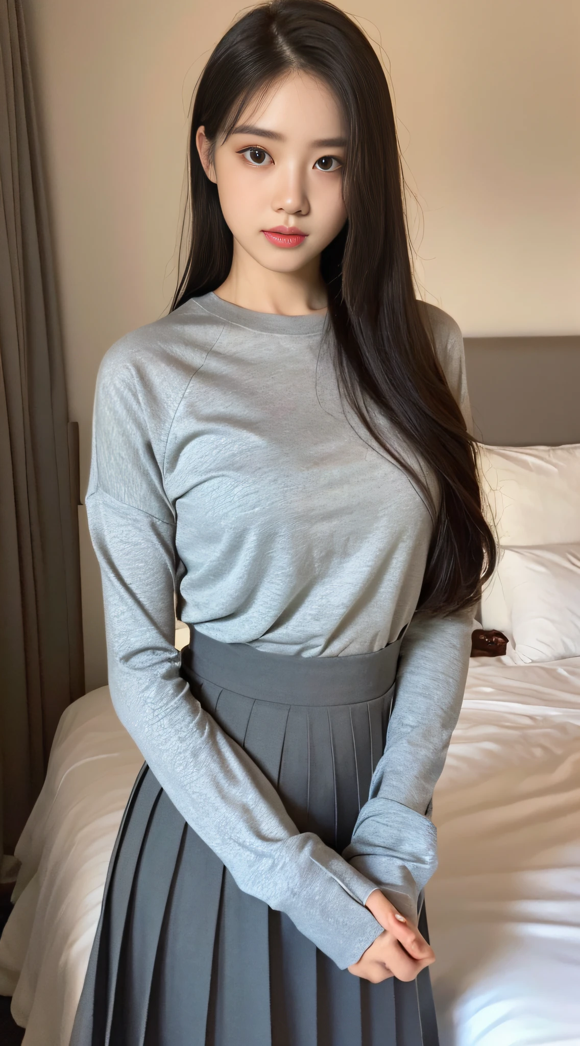 (1girl:1.2), in the bedroom, the picture background is clean, the upper body is wearing a tight dark women's crewneck modal long-sleeved T-shirt, wearing a pleated short skirt skirt skirt in medium gray color, the Arapei woman in the skirt is posing for a photo, adjacent color matching, elegant temperament, elegant intellectual feeling, high image quality, long hair, detailed skin texture and cloth texture, detailed eyes, detailed long eyelashes, double eyelids, portrait photography, focal length 30 mm, aperture F1.2, God's perspective, realism, costume photography, magazine cover, idyllic good times,