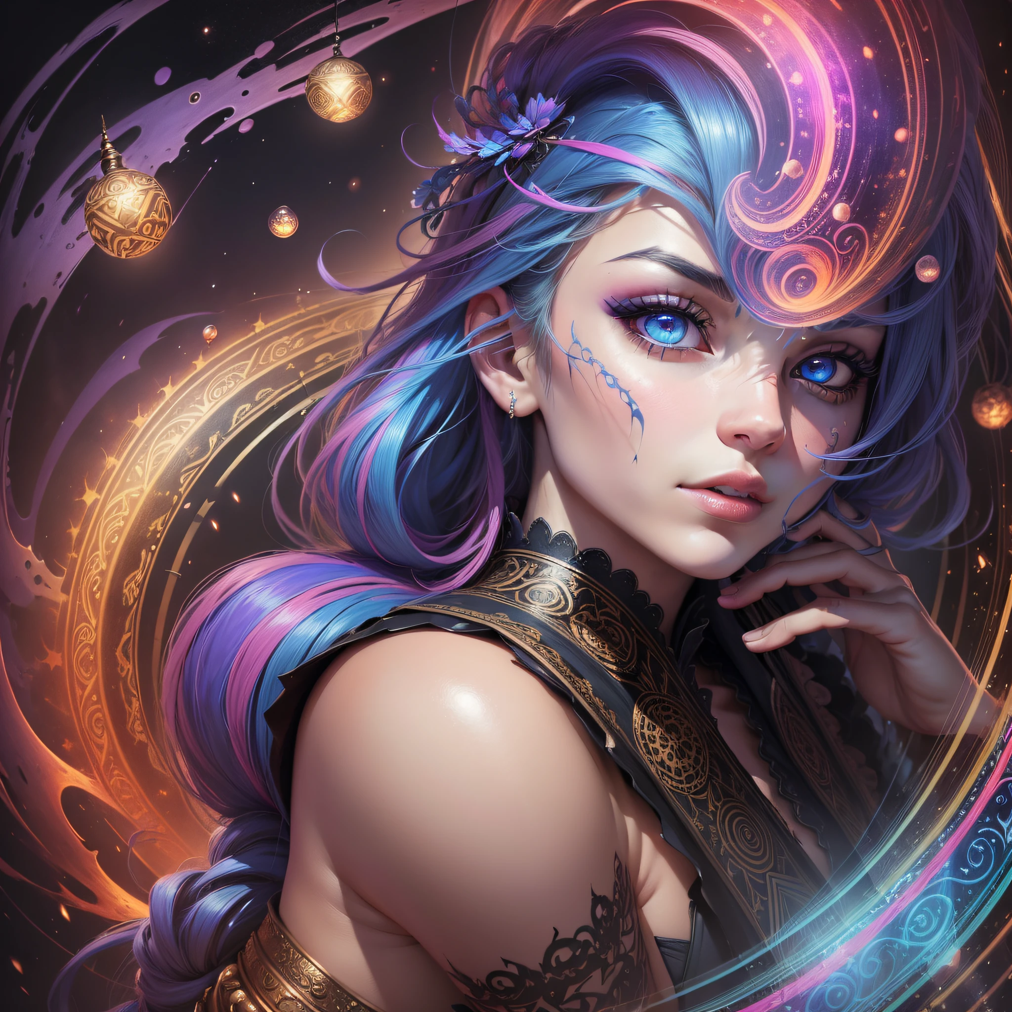((Best quality, 8k, Masterpiece :1.3)) beautiful woman: 1.3, handsome face, ass viarada here, crawling saturated colors, psychedelic image, LSD, mandala, fractral, costume, tattoo, painted body, wedding outfit, body tilted forward, art similar to Alex Grey's art, lots of color saturation, vortex, ultra realistic, planet earth, galaxy, with lots of lighting, shading and contrast,  RPG, mage, realistic eyes