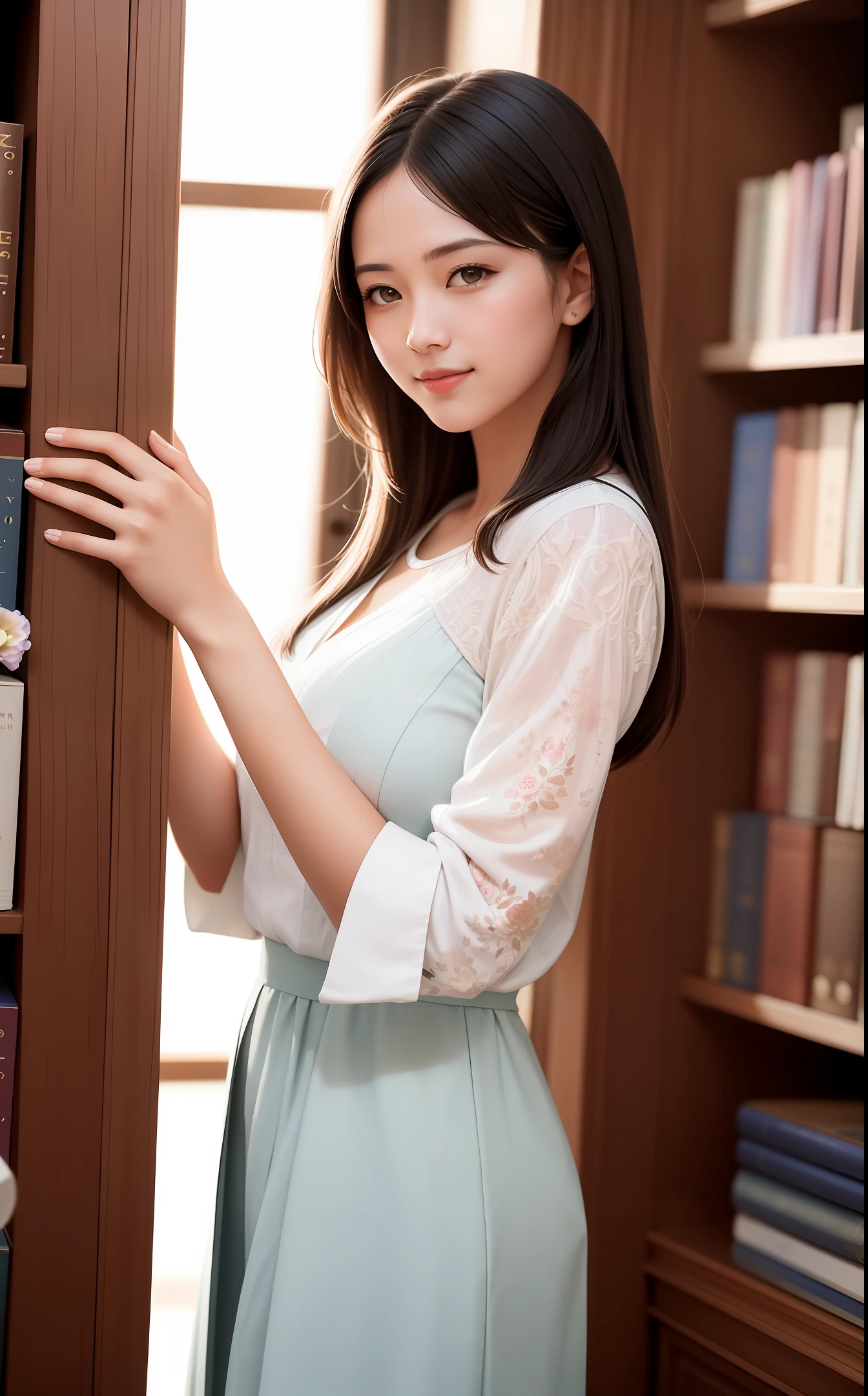 A beautiful woman from a family of scholars, she stands in a library full of books and cultural works of art, shelves filled with various books, paintings and sculptures on the walls. Sunlight shone on her face through the window, making her look more lively and full of life. The style is photography, using a standard lens, with an aperture of f/2.8, a shutter speed of 1/125 sec., and an ISO of 200.