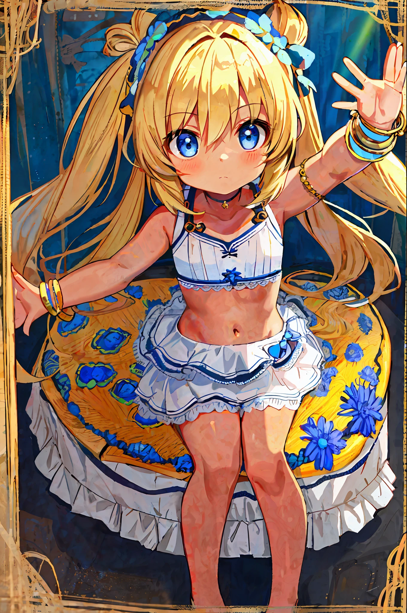 masterpiece, best quality, 8K, sfw, a cute girl, female child, 10 years old, blonde hair, flat chest, blue eyes, tan skin, clothed, bracelets, tomboy,