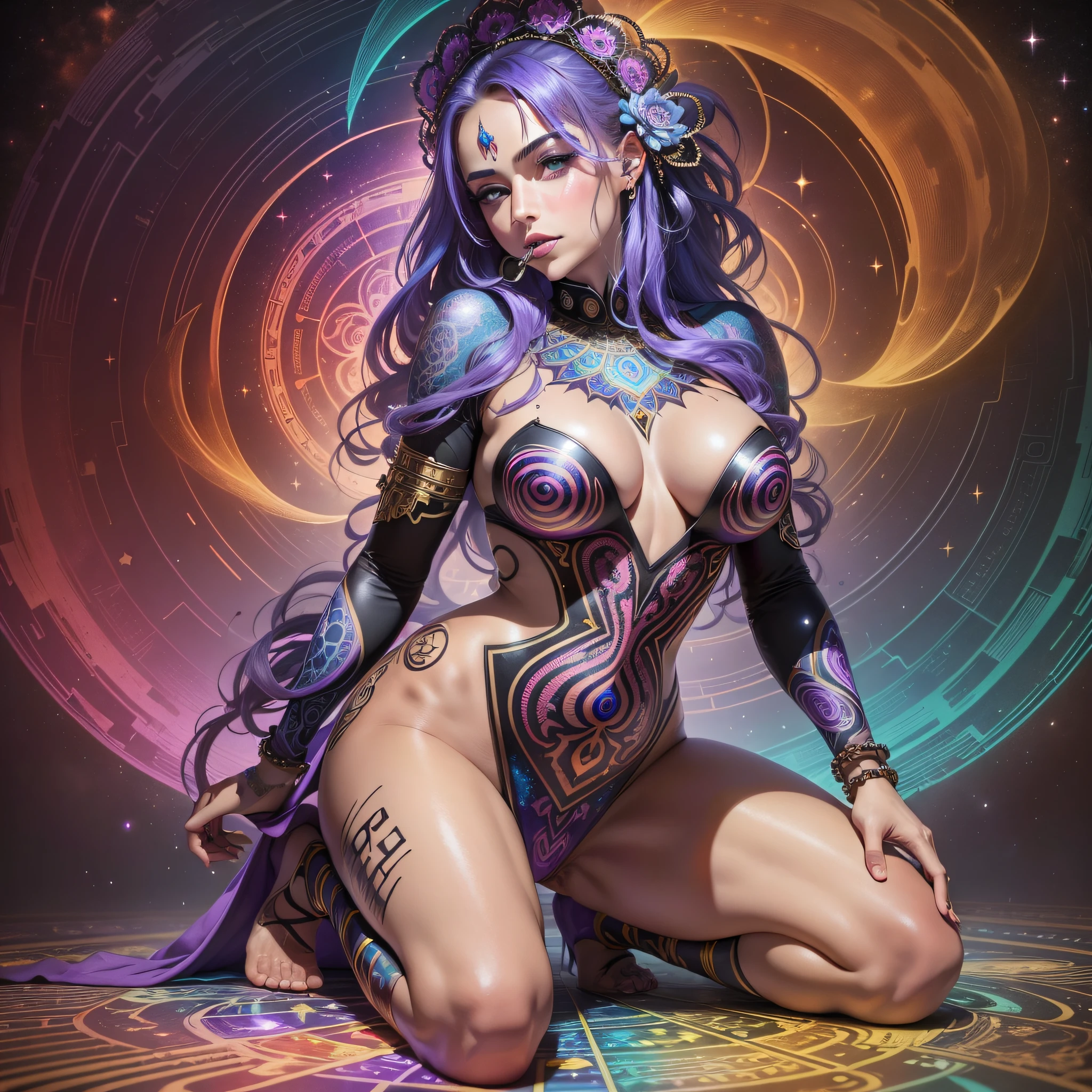 ((Best quality, 8k, Masterpiece :1.3)) beautiful woman: 1.3, beautiful face, kneeling, back, woman doing oral sex0, saturated colors, psychedelic image, LSD, mandala, fractral, costume, tattoo, painted body, wedding outfit, body tilted forward, art similar to Alex Grey's art, lots of color saturation, vortex, ultra realistic, planet earth, galaxy, with lots of lighting, shading and contrast,  RPG, Wizard, Ultra-realistic, Nocturnal