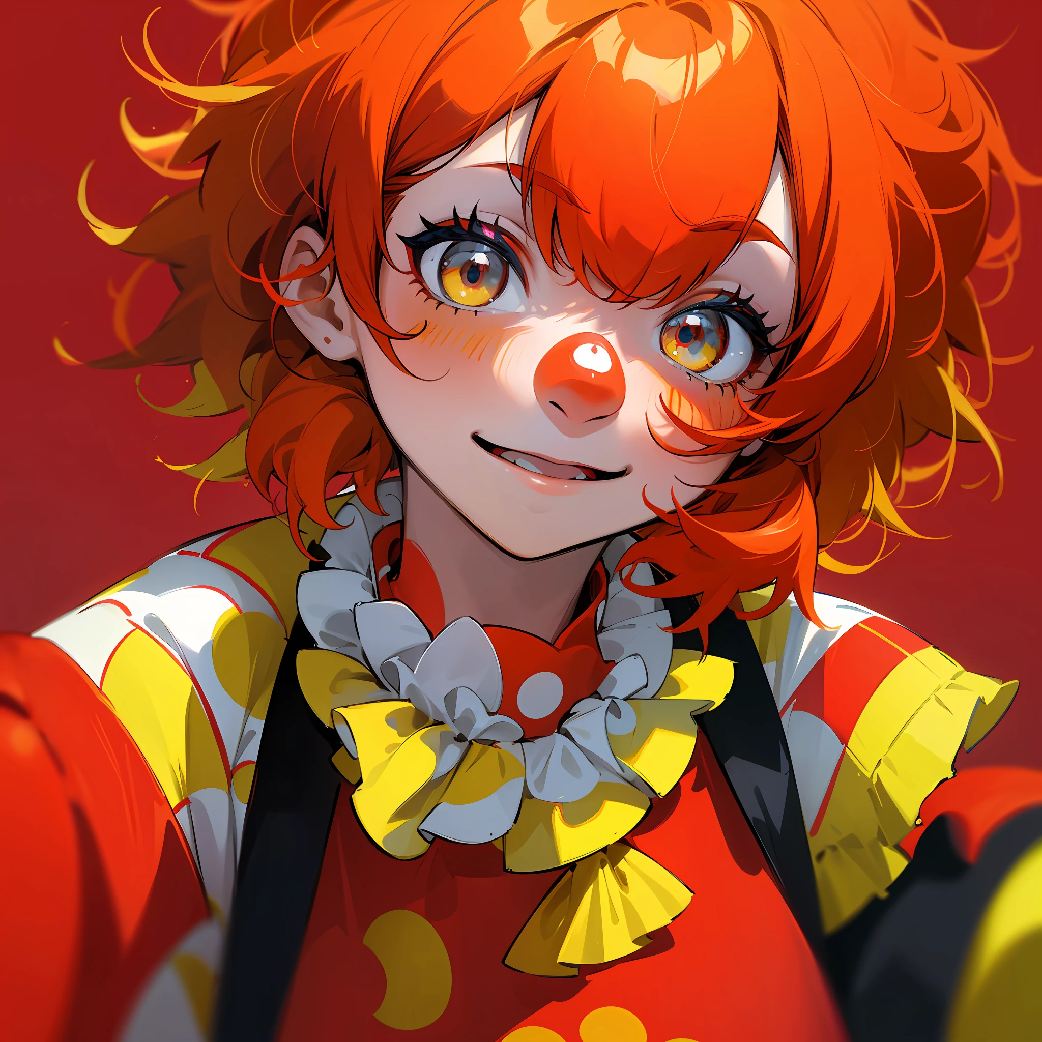 arafed child wearing a wig with yellow and red hair, red yellow, red and yellow, some red and yellow, clown girl, yellow and red, red ronald mcdonald messy hair, red-yellow colors, red+yellow colours, soy fan de quino, by Nándor Katona, wearing red and yellow clothes, red ronald mcdonald hair --auto --s2