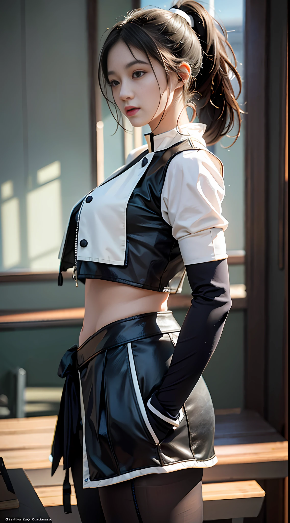 Masterpiece, high quality, hyper-detailed, a girl with a graceful figure, bust, standing, (White cropped sports top 1.8), (gilet line prominent 1.5), (hairstyle tied ponytail 1.2), (full and upturned chest), (perfect curve 1.3), (head slightly tilted 1.2), frontal perspective, (low angle shooting), medium and long shooting distance, soft natural light, details presented by Ruan Jia and Gritkowski surrealist artistic reproduction, skin texture in ultra-detailed presentation, real, 8K, the best quality
