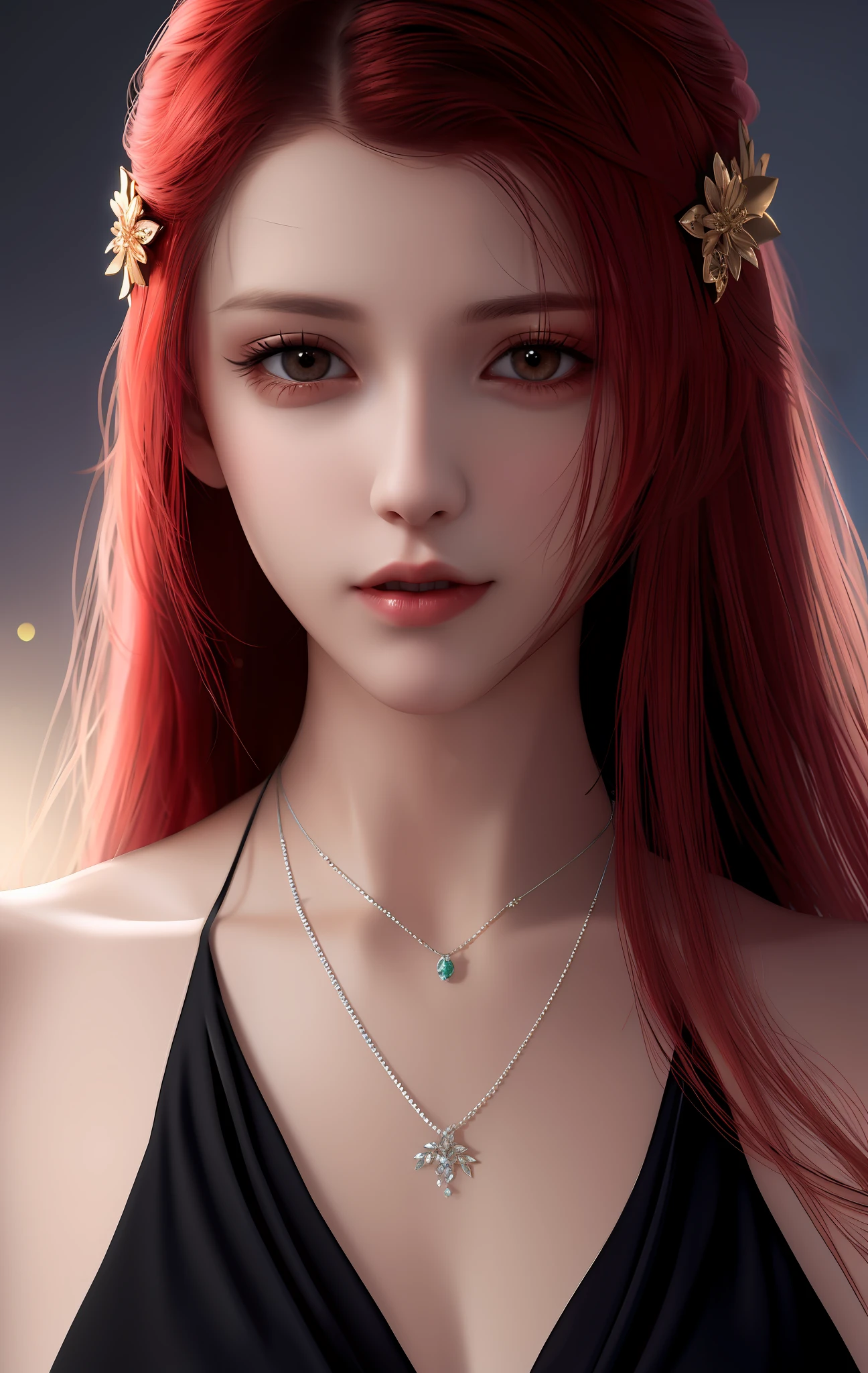 vampire, best quality, masterpiece, high resolution, 1girl, porcelain dress, red hair, hair accessories, necklace, jewelry, beautiful face, physically, tyndall effect, realistic, dark studio, edge lighting, duotone lighting , (high detail skin: 1.2 ), 8k uhd, dslr, soft light, high quality, volume light, candid, photo, high resolution, 4k, 8k, bokeh