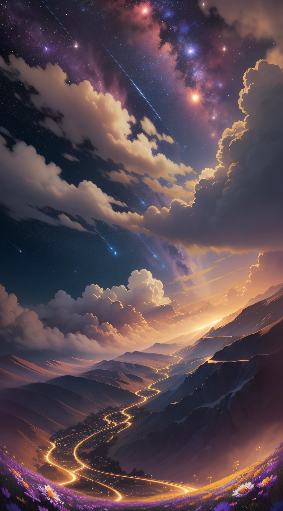 The landscape is breathtaking. A flowering field stretches for miles, filled with bright flowers that rise toward the night sky. The full moon shines brightly, illuminating the field with its silvery light and creating magical shadows among the flowers. A few clouds waft across the sky, adding a touch of drama to the scene. Thousands of stars shine in the sky, creating an incredible celestial spectacle. Three bands of comets pass across the sky, leaving a trail of bright lights that seem to dance in sync with the bright flowers that illuminate the earth. The scene is simply magical and mystical.