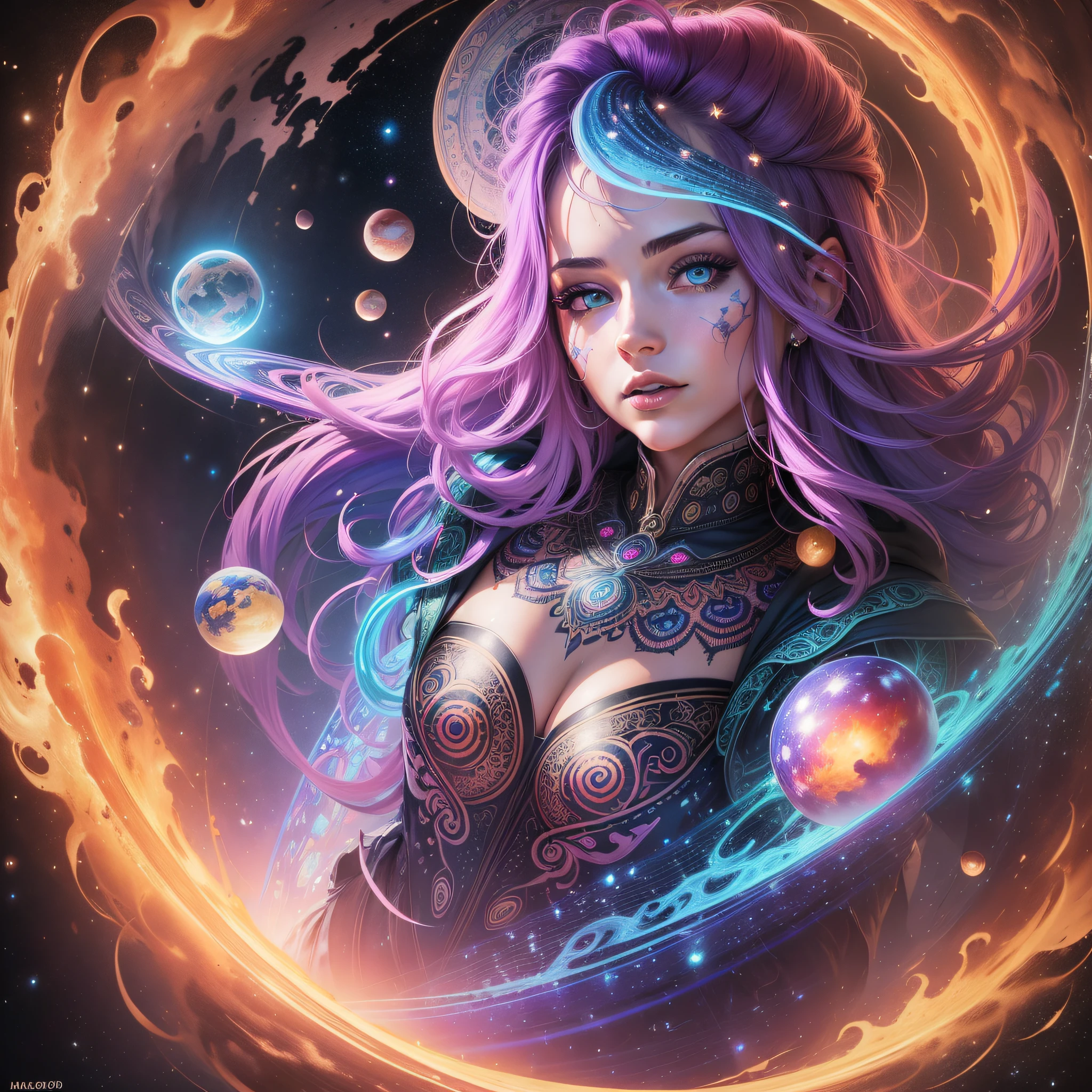 ((Best quality, 8k, Masterpiece :1.3)) beautiful woman: 1.3, beautiful face, full body woman on her back over 24 years old, saturated colors, psychedelic image, LSD, mandala, fractral, costume, tattoo, painted body, bride, body tilted forward, art similar to Alex Grey's art, lots of color saturation, woman, vortex, ultra realistic, planet earth, galaxy, with lots of lighting, shading and contrast, RPG, mage