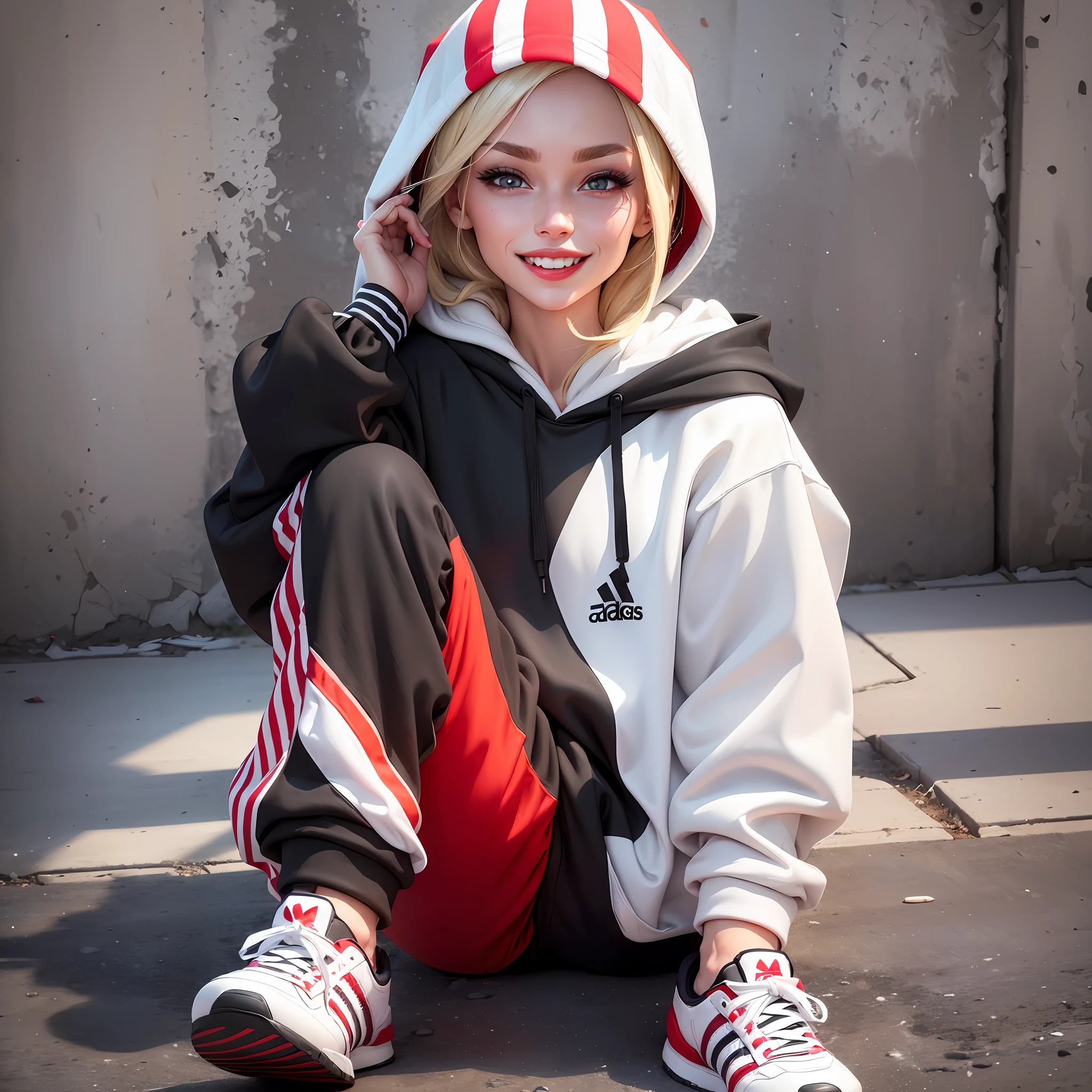 A perfect young face without any deformation (hooded sweatshirt) (black jogger pants with red stripes) (white Adidas sneakers) (black cap) (blonde hair) (violet colored pulled eyes) (white skin) (red lips) (beautiful smile) (daylight) (cinematic lighting --auto --s2