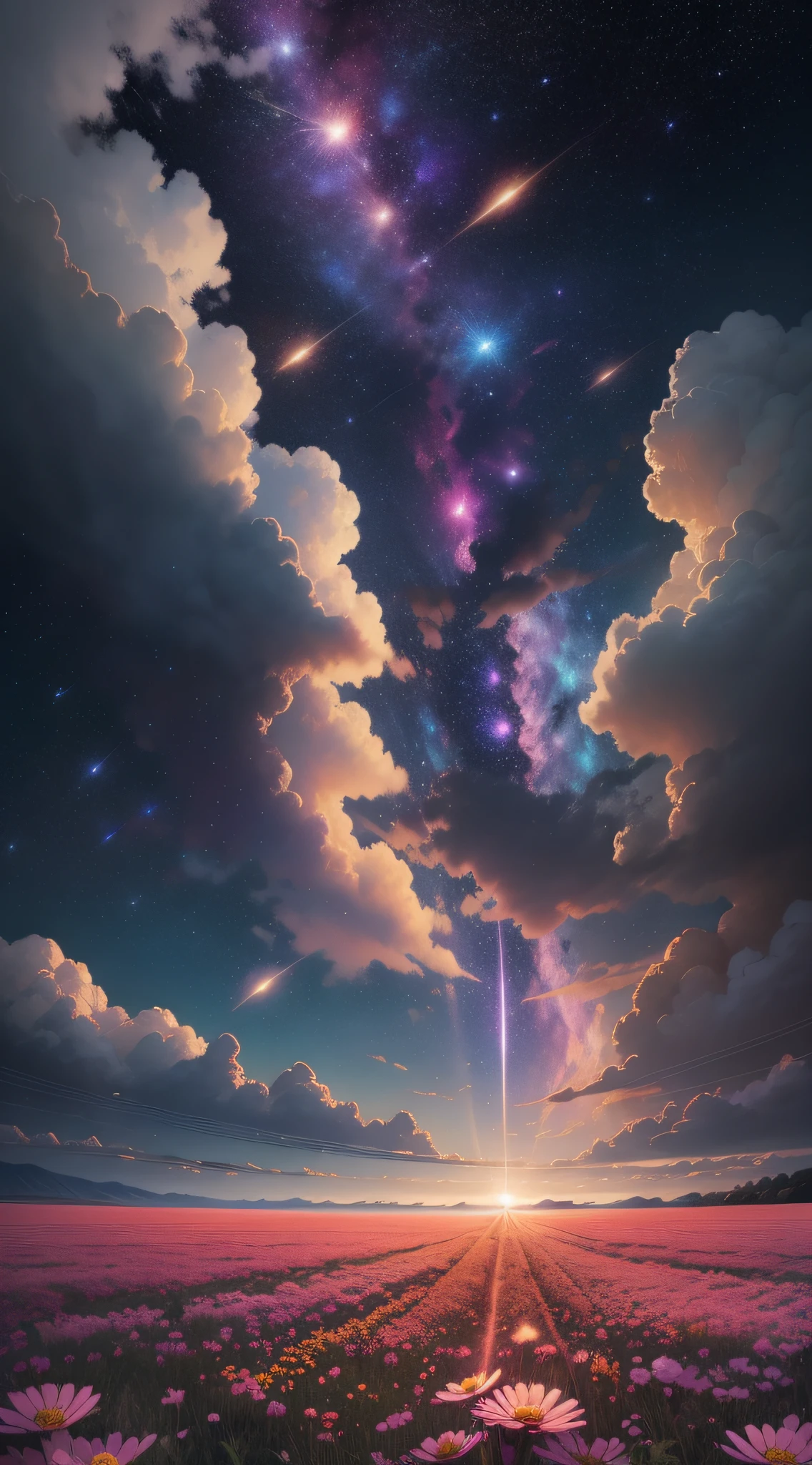 The landscape is breathtaking. A flowering field stretches for miles, filled with bright flowers that rise toward the night sky. The full moon shines brightly, illuminating the field with its silvery light and creating magical shadows among the flowers. A few clouds waft across the sky, adding a touch of drama to the scene. Thousands of stars shine in the sky, creating an incredible celestial spectacle. Three bands of comets pass across the sky, leaving a trail of bright lights that seem to dance in sync with the bright flowers that illuminate the earth. The scene is simply magical and mystical.