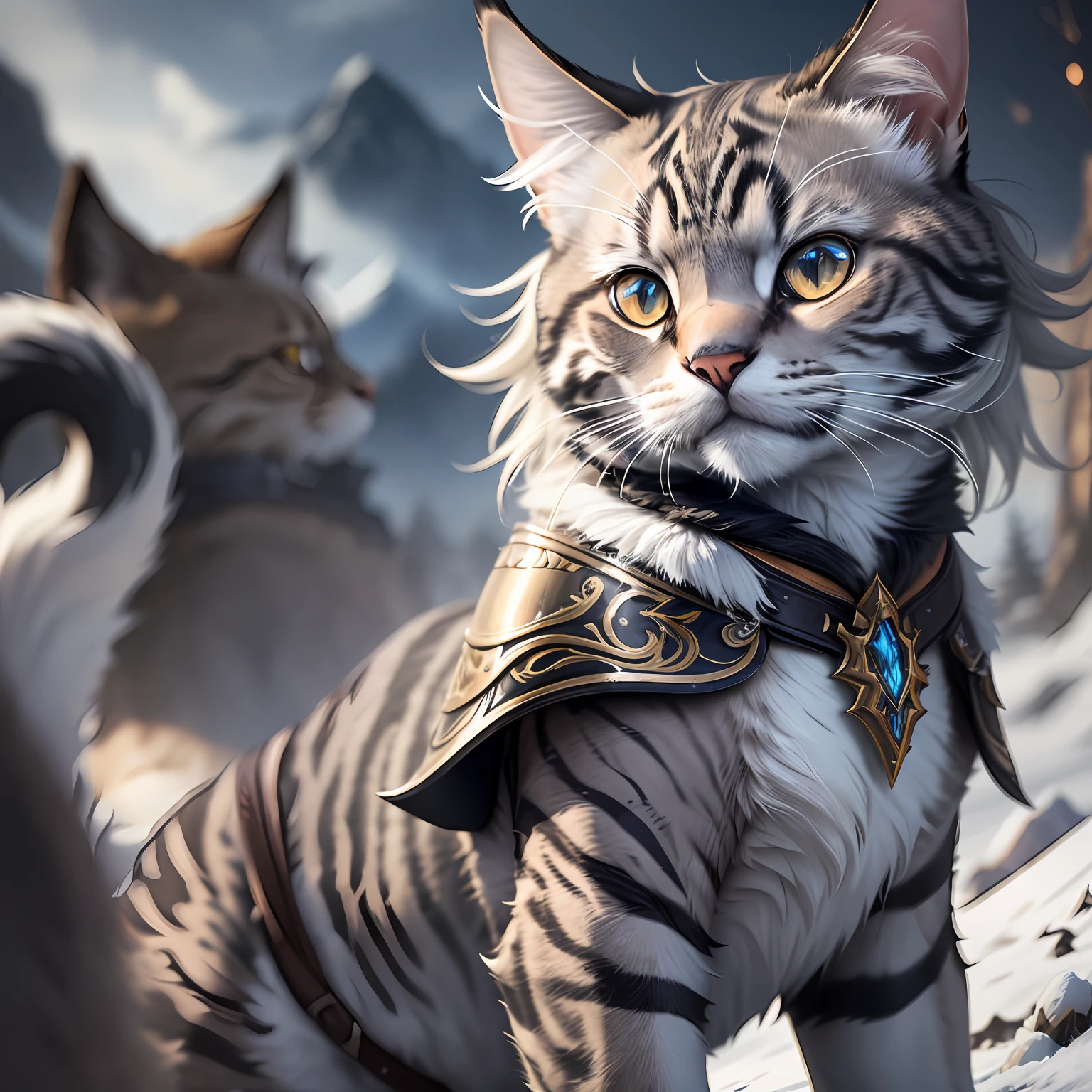 The image depicts a cat in majestic and imposing armor. He's standing in a combat pose, his front paws raised and his sharp claws exposed. The cat is of the Maine Coon breed, known for its large size and lush coat. Their coat is dark gray, with silvery reflections, which glow in the light. Each strand of fur appears to have been expertly intertwined with metal threads, giving it a metallic appearance.
The cat's armor is made of a mixture of metal and leather. Armor plates cover your chest, back, and flanks, providing additional protection. The plates are detailed with intricate carvings, which depict feline motifs such as claws and sharp teeth. Some parts of the armor are slightly oxidized, showing the passage of time and evidencing the battles faced by the cat.
Around the cat's neck, there is a collar of armor that extends to the shoulders, protecting its vital throat. The collar is also adorned with small inlaid jewelry, which captures light and adds a touch of elegance to the cat's appearance.
The cat's front paws are protected by armor gloves, which cover each finger and have sharp tips like claws. The gloves are flexible enough to allow the cat to move with ease, but robust enough to provide defense during a battle.
Piercing eyes peer out from behind small slits in the armored face mask. The cat's pointed ears emerge through cutouts at the top of the mask, giving it a fierce and determined appearance.
In the background, one can see a mountainous landscape, with dark clouds indicating that a storm is approaching. The wind blows around the cat, causing its fur and the flag attached to its armor to flutter.