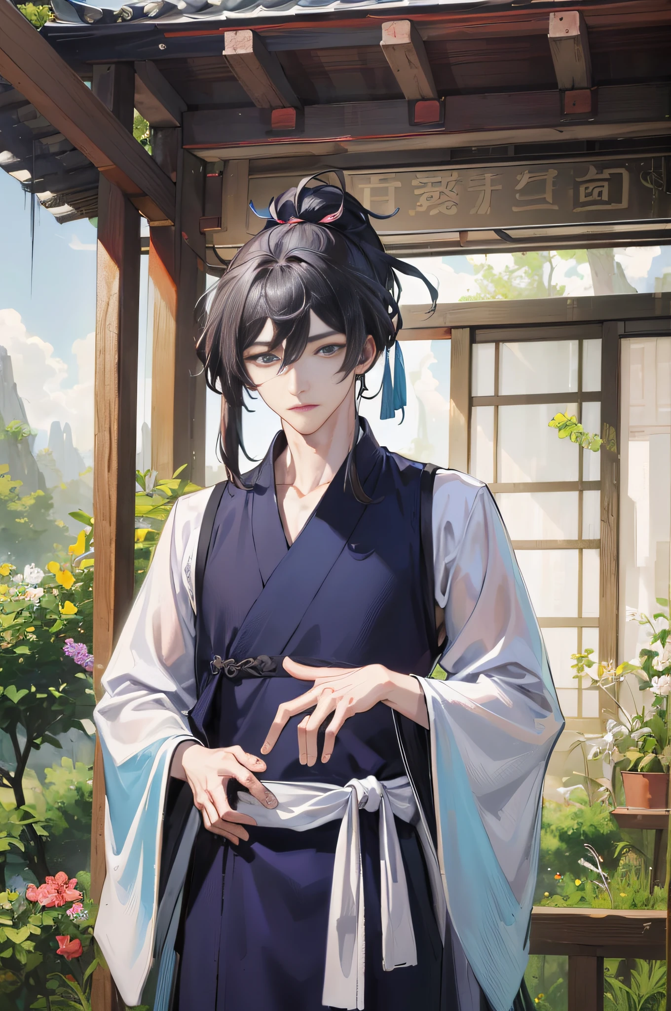 Masterpiece, Superb Style, Two Men, Chinese Style, Ancient Chinese, Black Hair, Gray and Blue Eyes, Split Hair, Long Hair, Long Bangs, High Ponytail, Handsome, Masculine, Gentle, Tall, Quiet, Cyan Robe, Outdoor, Wind Comfort, Young Man, Sad, Posture, (Hanfu, Ming Style), (Ming Architectural Background)