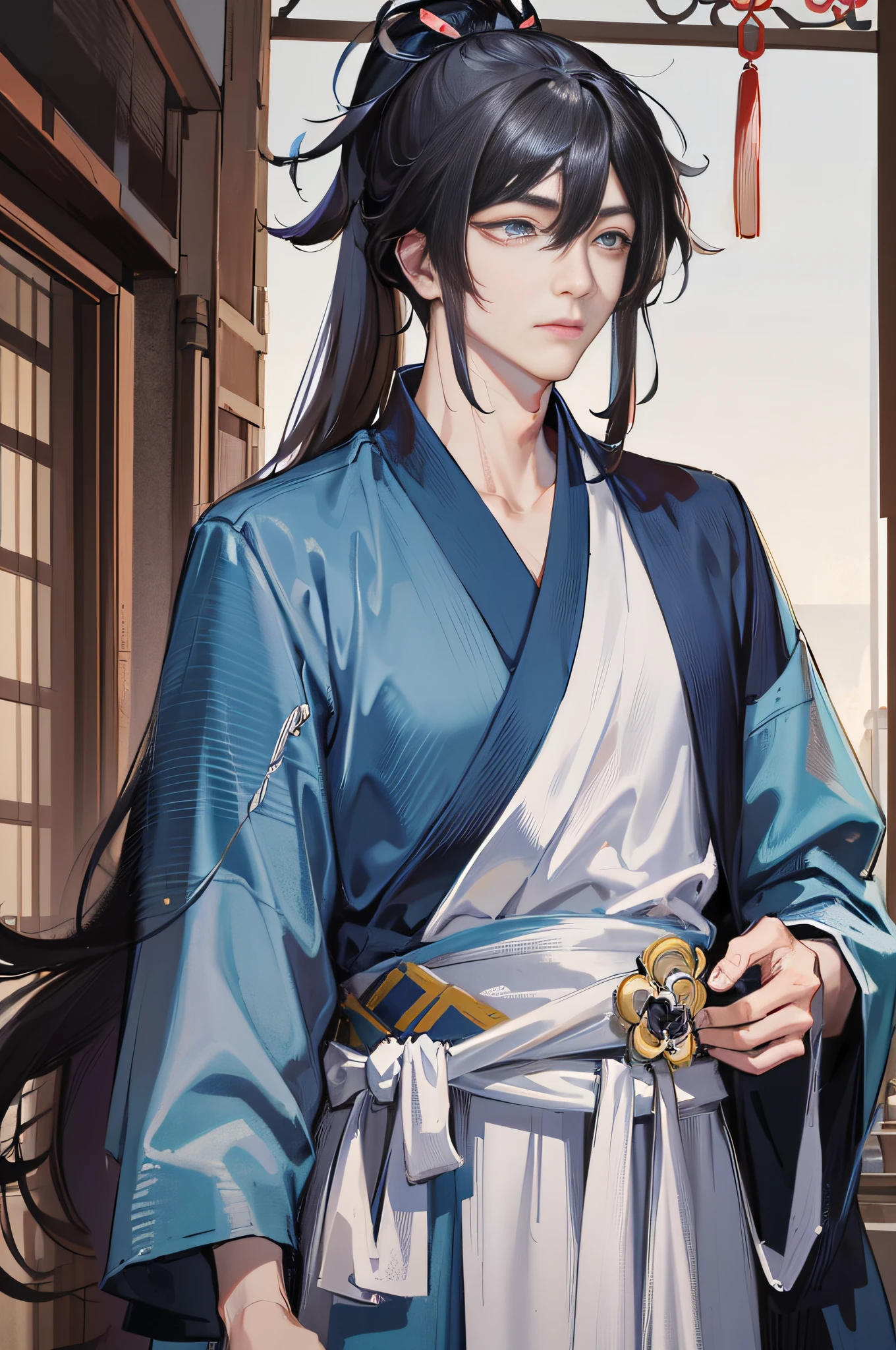 Masterpiece, Superb Style, Two Men, Chinese Style, Ancient Chinese, Black Hair, Gray and Blue Eyes, Split Hair, Long Hair, Long Bangs, High Ponytail, Handsome, Masculine, Gentle, Tall, Quiet, Cyan Robe, Outdoor, Wind Comfort, Young Man, Sad, Posture, (Hanfu, Ming Style), (Ming Architectural Background)