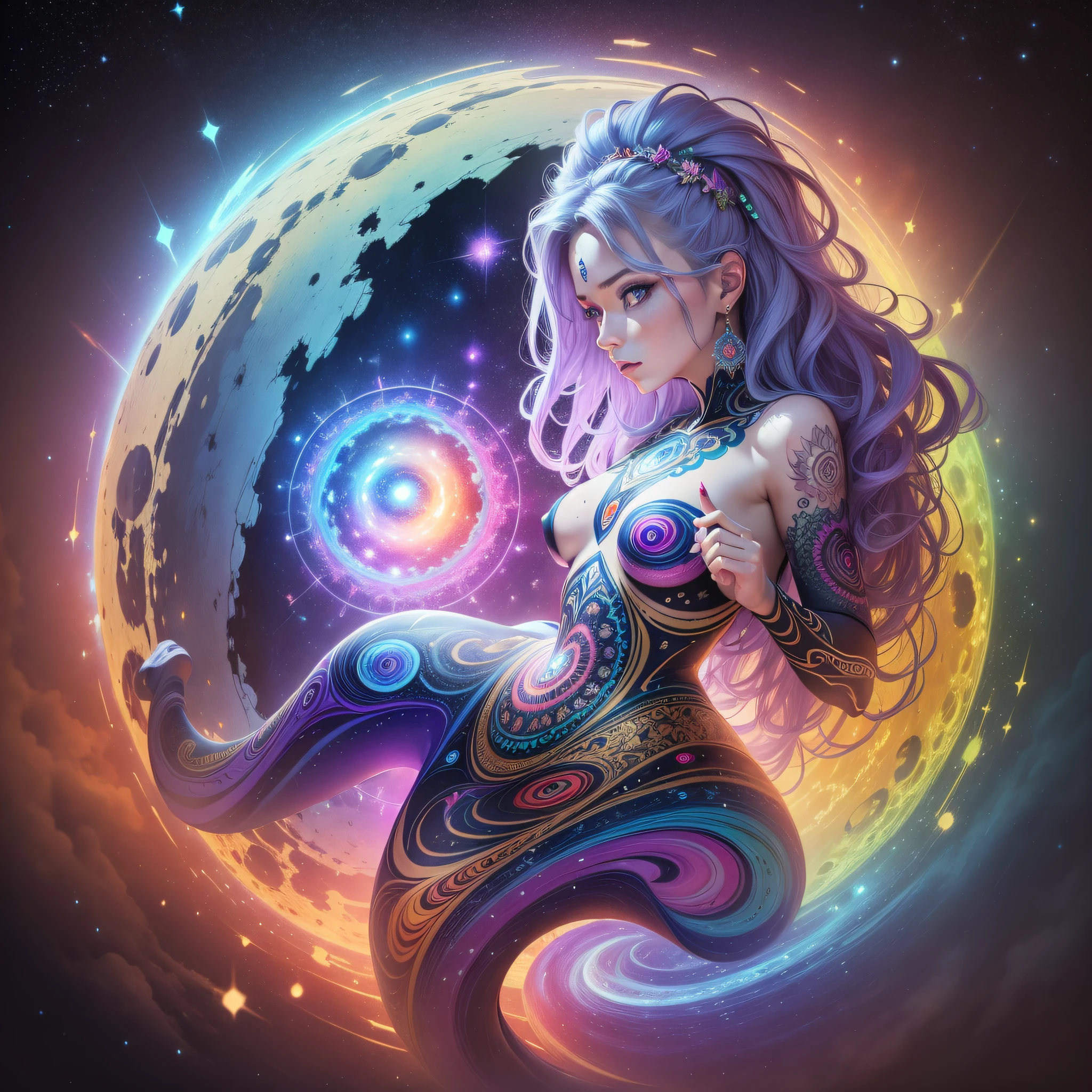 ((Best quality, 8k, Masterpiece :1.3)), 1girl, beautiful woman: 1.3, beautiful face, one leg up, full body woman over 24 years old, saturated colors, psychedelic image, LSD, mandala, fractral, costume, tattoo, painted body, bride, body leaning forward, art similar to Alex Grey's art, lots of color saturation, woman, vortex, ultra realistic, planet earth, galaxy