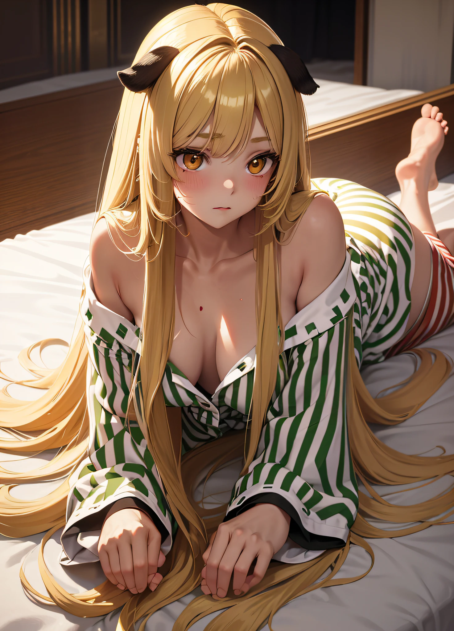 Masterpiece, (highest quality), alone, (young woman), solo, blonde long straight hair, big, dog ears, (golden eyes), (pajamas with green and white stripes), barefoot, (red cheeks), very sweaty, (lying face down), ((very dark)), (((midnight room))), on bed, figure with only upper body, side image