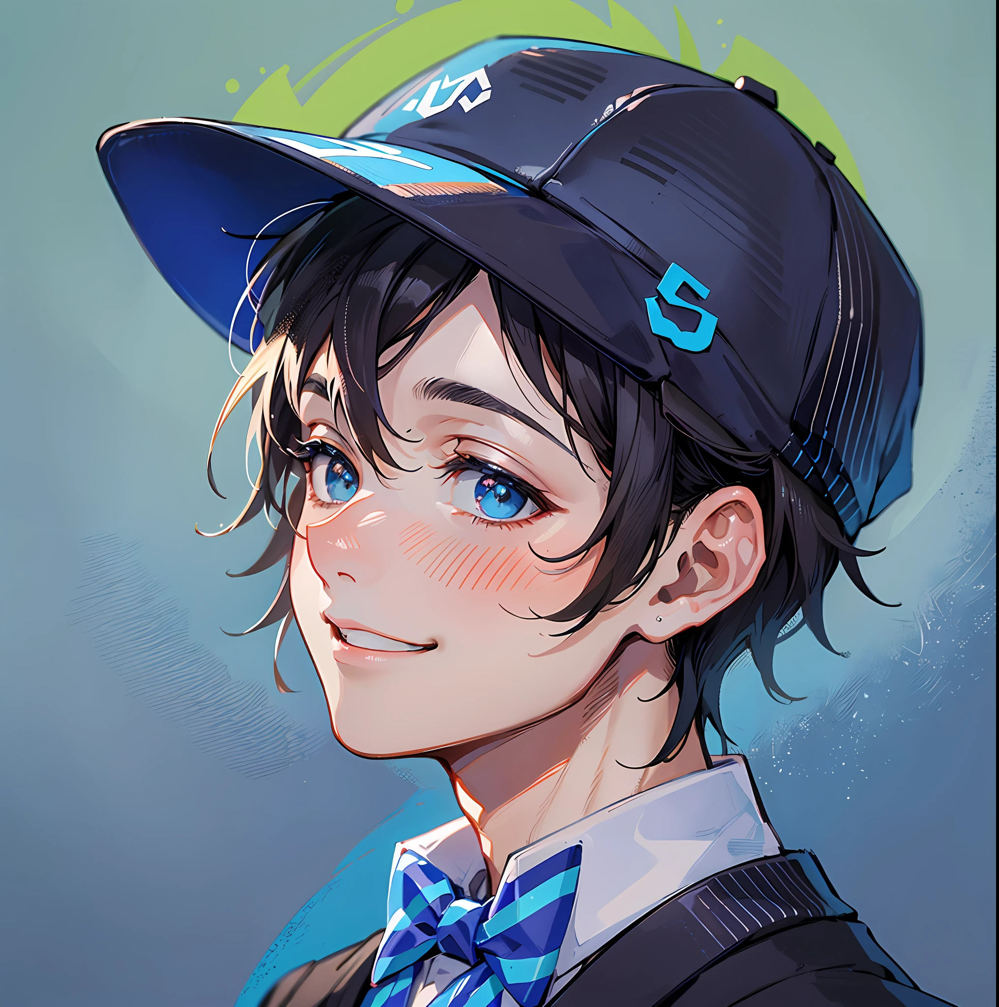 Young boy with head up, side view, wearing a blue baseball cap with the Nike logo printed on it, smiling, two-dimensional, upper body portrait, Japanese, wearing a black casual suit with a light gray vertical striped shirt underneath the suit and a blue bow tie.