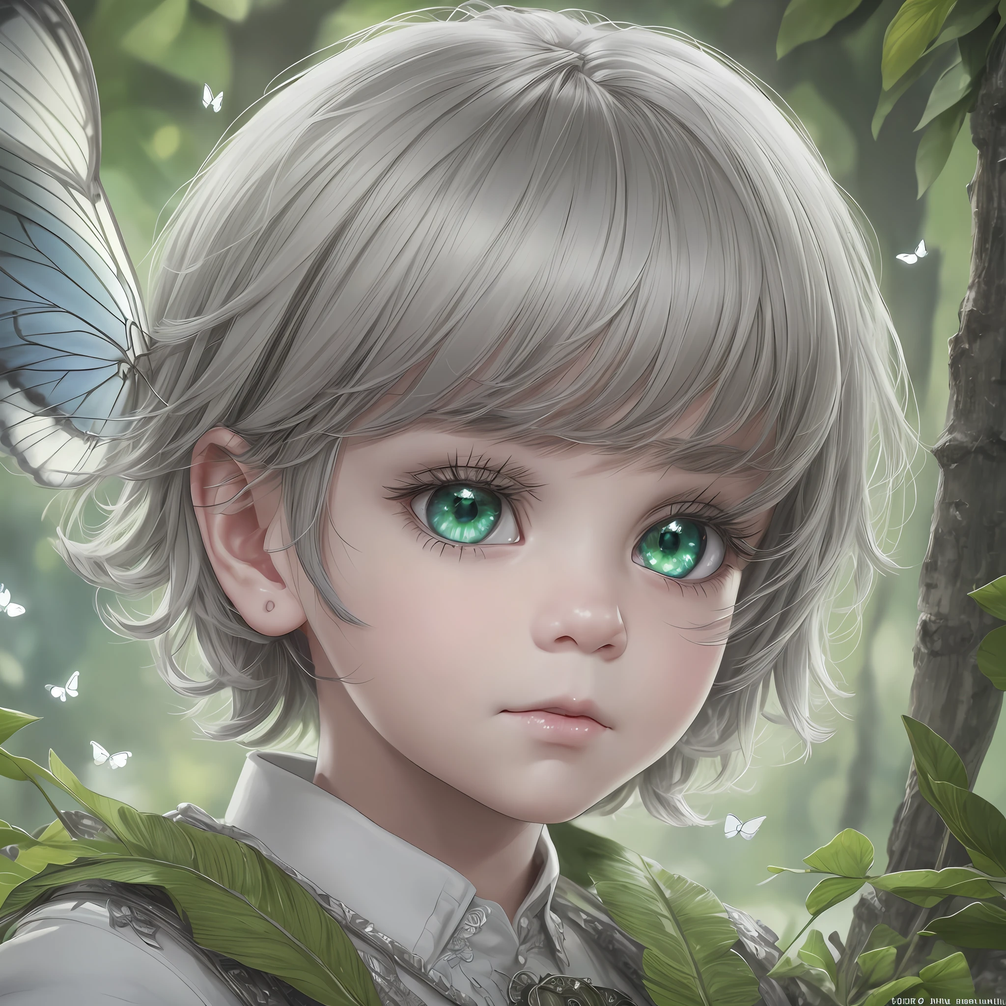 Drawing, realistic fantasy, clarity, detail 8kk, solo, portrait, (ultradetailing), boy's appearance, children's appearance, (ultradetailing), boy 2 , short light gray hair, (hair detailing), big green eyes, (fine eye detailing), thick eyelashes, (eyelash detailing), glade, white butterflies, (detailing the surrounding nature), 4k --auto --s2