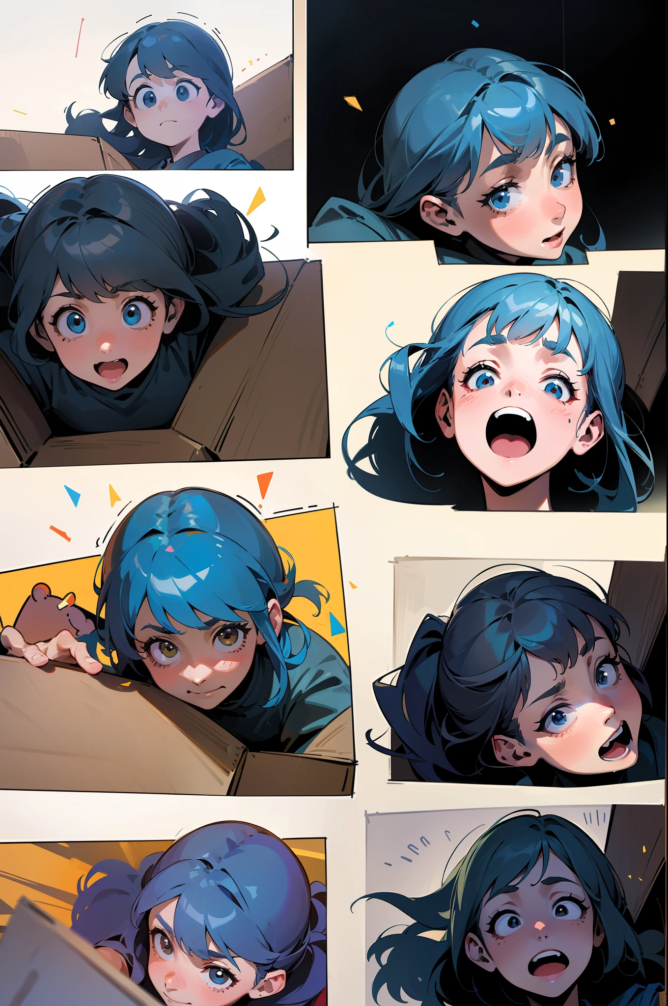 A comic page, six panels, 1 character, in first panel she has a inquisitive expression, in the second panel she is smiling, the third panel is a box with hands lifting off the top, in the fourth panel she has a fearful expression, in the fifth panel she has a shocked expression, in the sixth panel she is laughing and covered in confetti