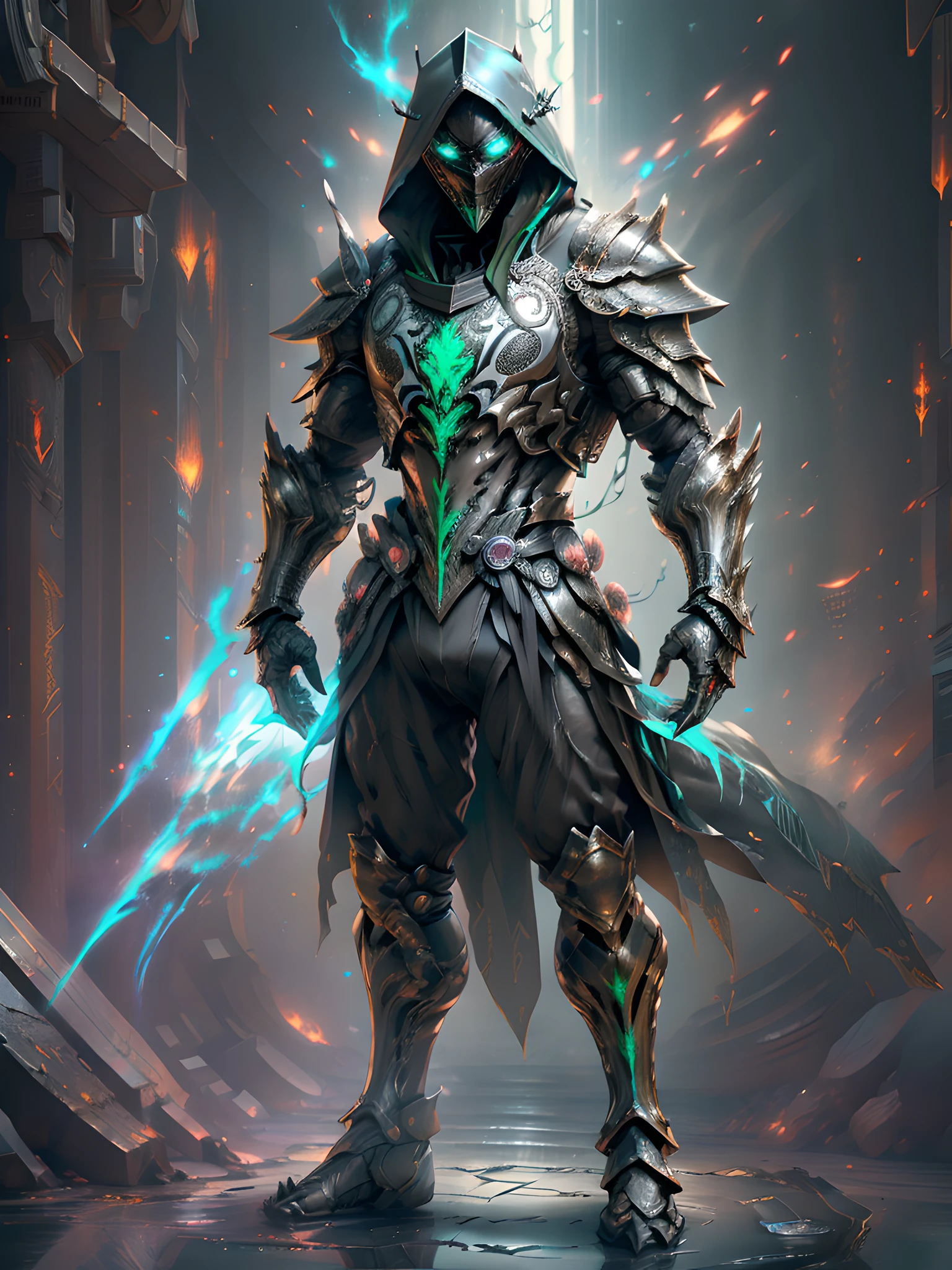 (full body hyper realistic:2) hooded sharp ornate armored warriors mans standing, waring mask, black and green (extra details armor:1.8) (Many details1.9) night, front view, battlefield background, full body, full body, all body, front view, wide angle, ultra details, ultra resolution, ultra quality, unreal engine 5, cinematic light, cinematic lighting, cinematic lighting, feet out of frame, super detail, 16k, high quality, best quality, textured skin, high details, super details