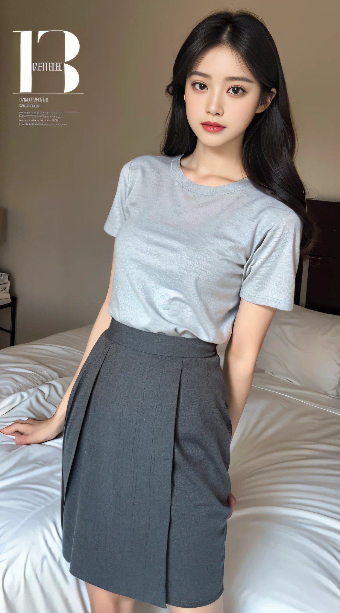 (1girl:1.2), in the bedroom, the picture background is clean, tight dark T-shirt, dark short-sleeved T-shirt, dark cashmere short-sleeved T-shirt, pleated short skirt skirt skirt wearing medium gray color, Arakfi woman in skirt is posing for photos, adjacent color matching, elegant temperament, elegant intellectual feeling, high image quality, long hair, hair coiled, fine skin texture and cloth texture, detailed eyes, detailed long eyelashes, double eyelids, portrait photography, focal length 30 mm, aperture F1.2, God perspective, realism, costume photography, magazine cover, quiet good time,