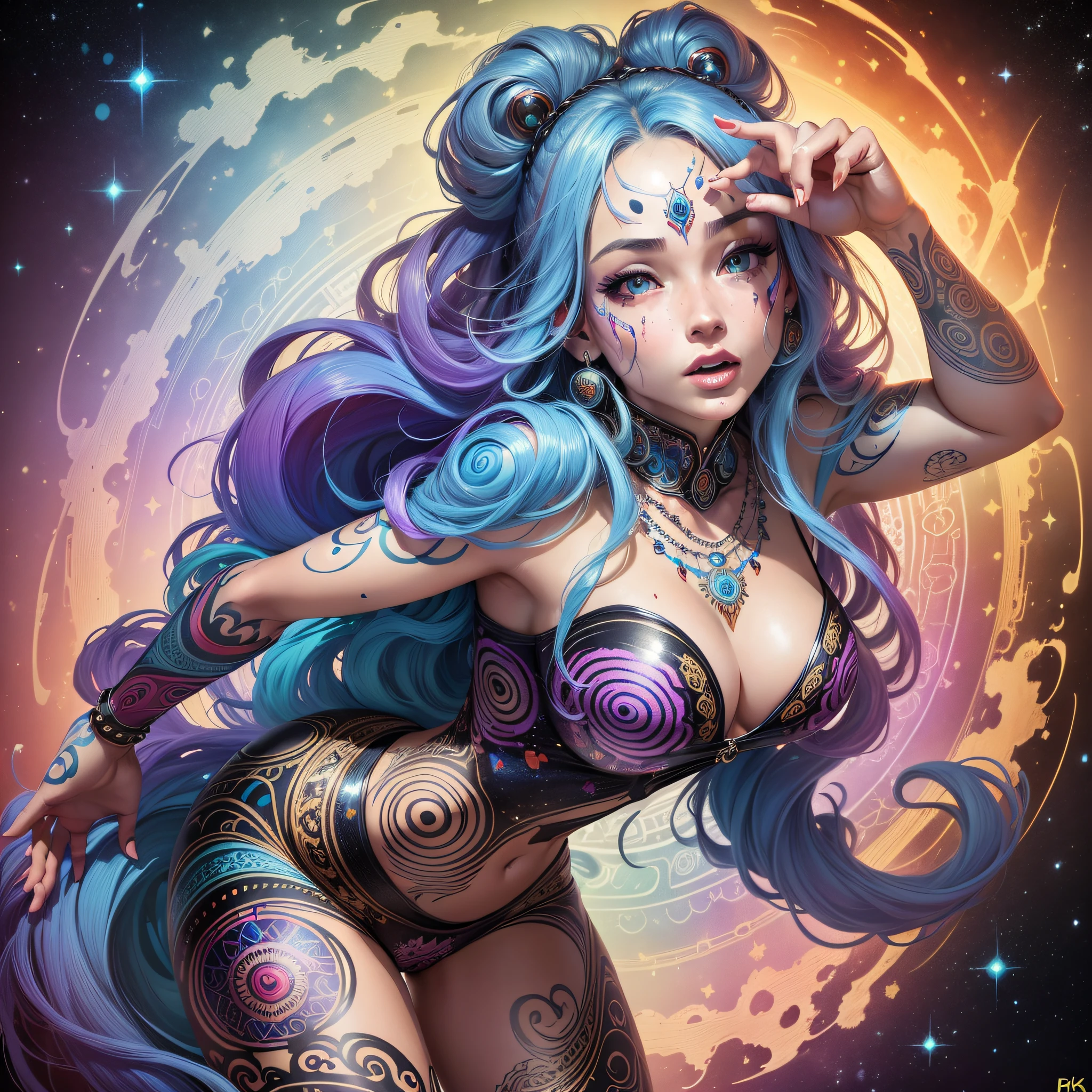 ((Best quality, 8k, Masterpiece :1.3)), 1girl, beautiful woman: 1.3, beautiful face, showing ass, full body woman, saturated colors, psychedelic image, LSD, mandala, fractral, costume, tattoo, painted body, bride, body leaning forward, art similar to Alex Grey's art, lots of color saturation, woman, vortex, ultra realistic, planet earth, melting, galaxy