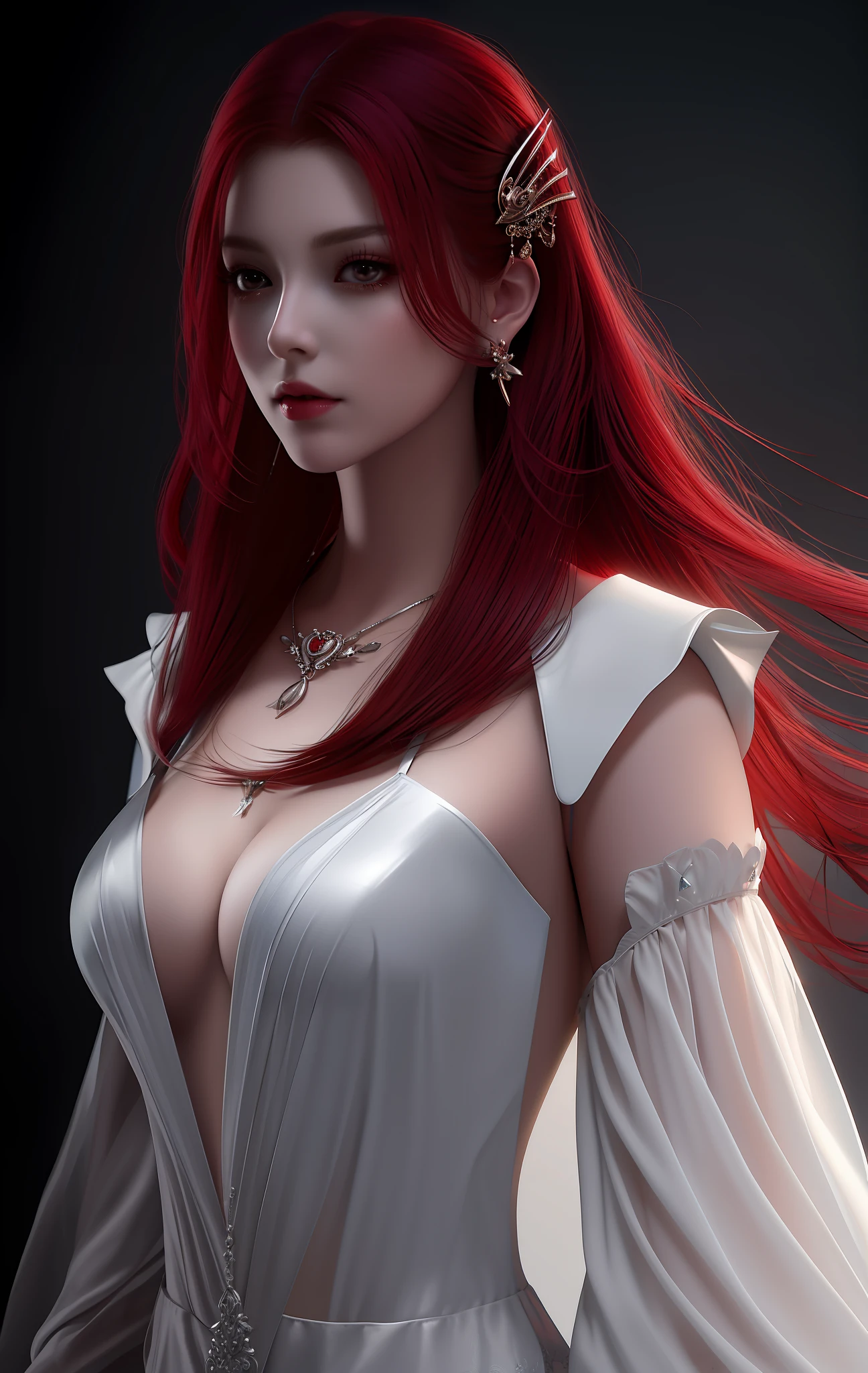 vampire, best quality, masterpiece, high resolution, 1girl, porcelain dress, red hair, hair accessories, necklace, jewelry, beautiful face, body, tyndall effect, realistic, dark studio, edge lighting, duotone lighting, surreal illustration, surreal rendering, clean digital rendering, photo realistic rendering, product design concept, surreal illustration (high detail skin: 1.2), 8k uhd, dslr, soft light, high quality, volumetric light, sneak peek, photograph, high resolution, 4k, 8k, Background bokeh