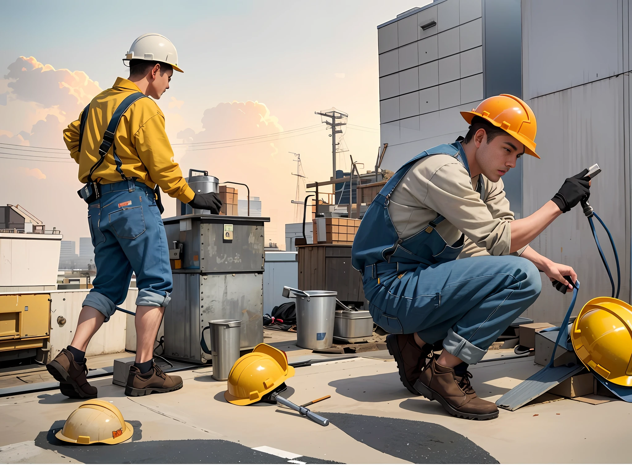 two men in hard hats and overalls are working on a building, set in tokyo rooftop, maintenance photo, workers, maintenance, portrait shot, still from a live action movie, journalism photo, high quality photo, basic photo, 5 feet away, high res photo, advertising photo, scene from live action movie, stephen shore & john j. park, having fun