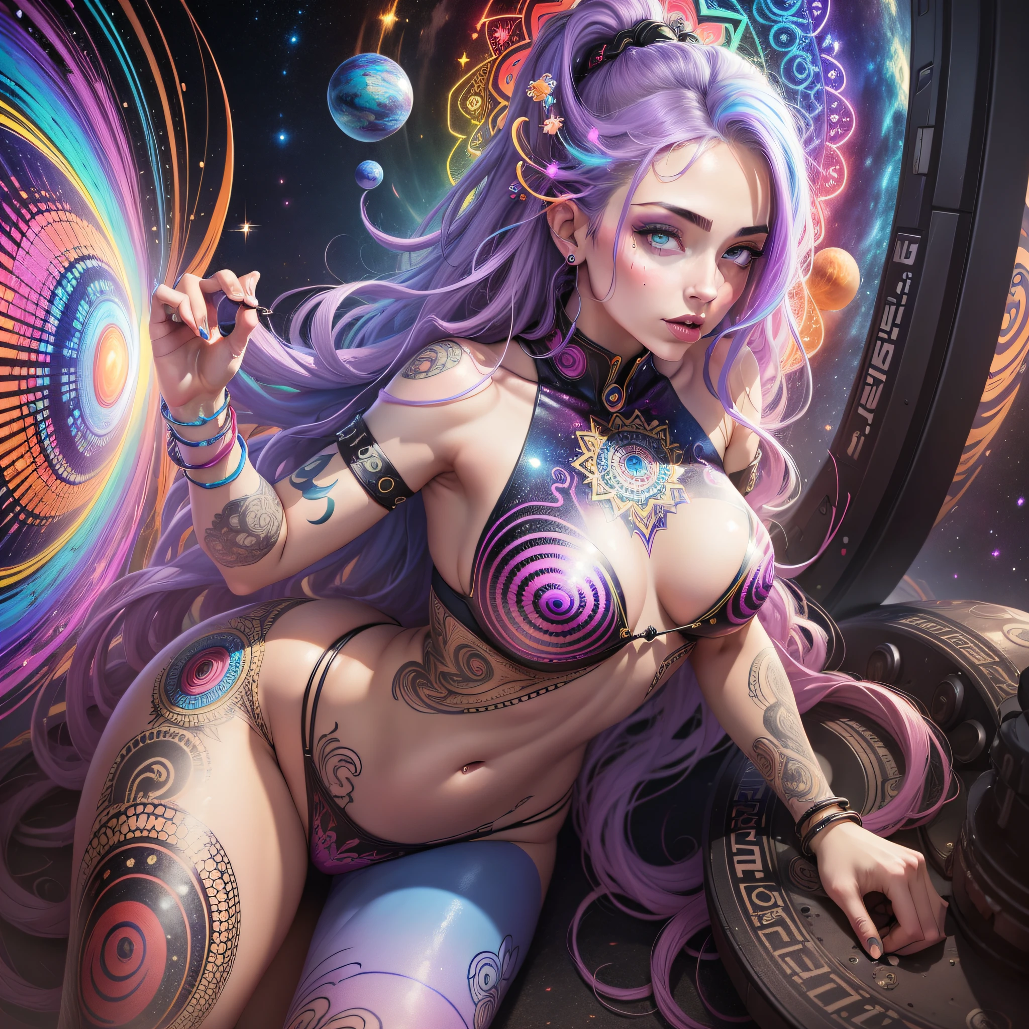 ((Best quality, 8k, Masterpiece :1.3)), 1girl, beautiful woman: 1.3, beautiful face, showing ass, full body woman, saturated colors, psychedelic image, LSD, mandala, fractral, costume, tattoo, painted body, bride, body leaning forward, art similar to Alex Grey's art, lots of color saturation, woman, vortex, ultra realistic, planet earth, melting, galaxy