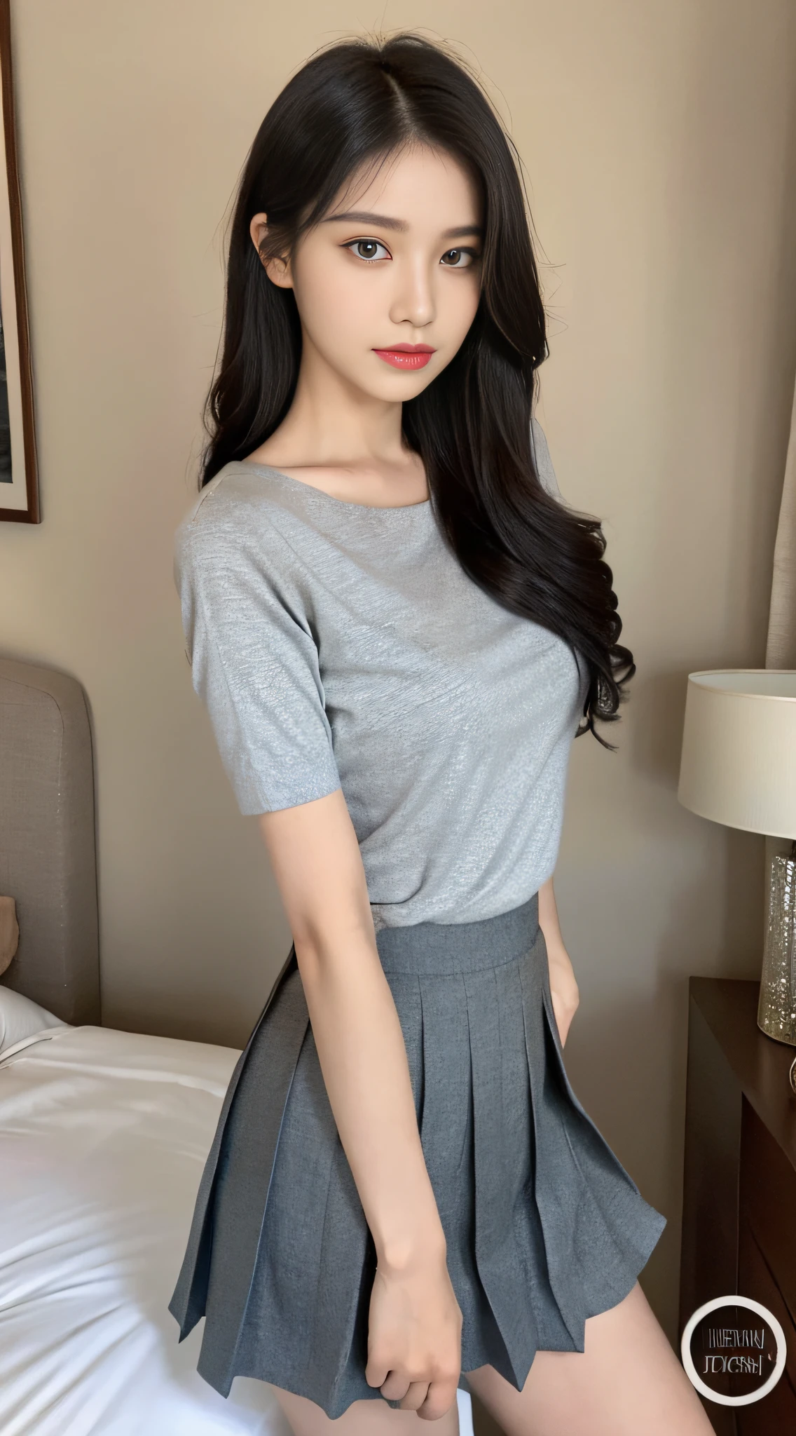 (1girl:1.2), in the bedroom, the picture background is clean, tight dark T-shirt, dark short-sleeved T-shirt, dark cashmere short-sleeved T-shirt, pleated short skirt skirt skirt wearing medium gray color, Arakfi woman in skirt is posing for photos, adjacent color matching, elegant temperament, elegant intellectual feeling, high image quality, long hair, hair coiled, fine skin texture and cloth texture, detailed eyes, detailed long eyelashes, double eyelids, portrait photography, focal length 30 mm, aperture F1.2, God perspective, realism, costume photography, magazine cover, quiet good time,