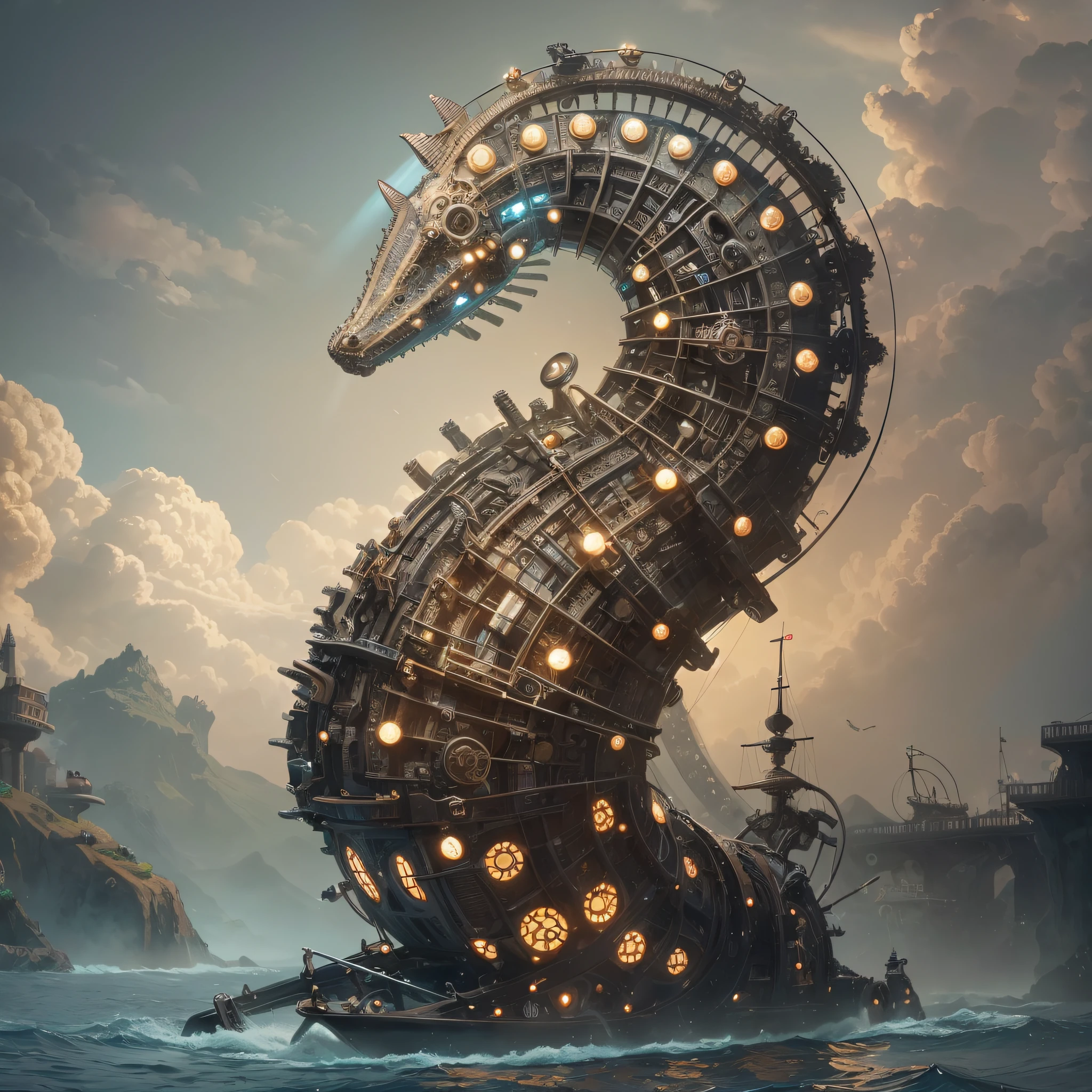 A robotic seahorse, made of different mechanical parts, steam punk style :: style, cinematicsmall light magical creature, fibonacci, sweatdrops, insane, intricate, highly detailed, digital painting, artstation, concept art, smooth, sharp focus, unreal --auto --s2