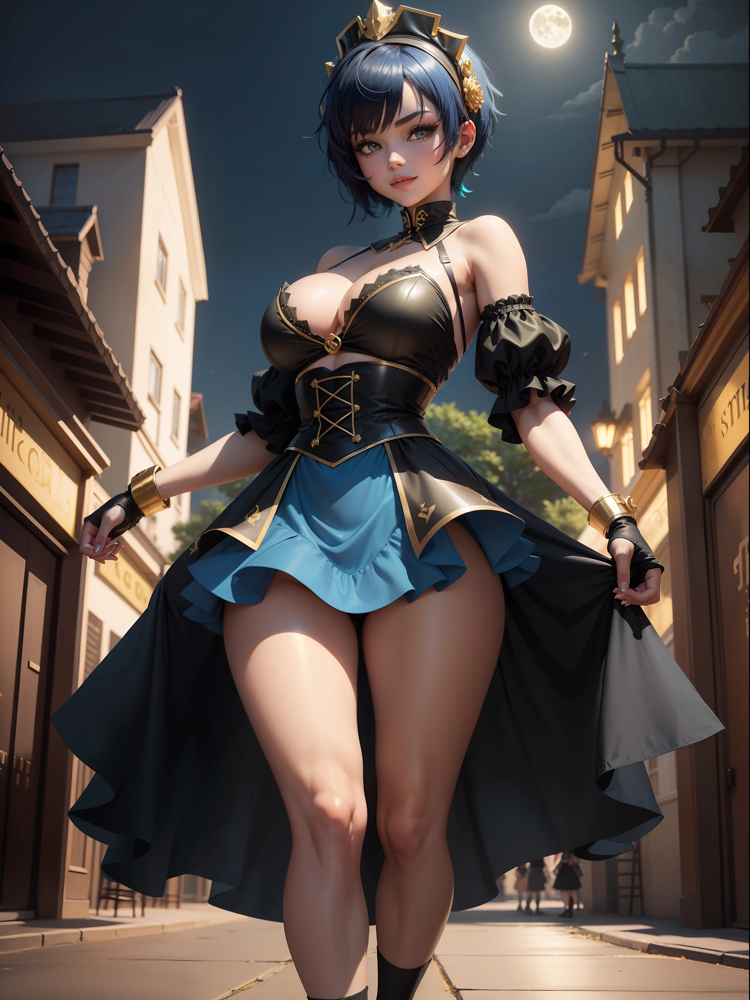 Full body photo, standing, standing on the ground, Naiara has giant breasts, (black with gold pieces/maid's outfit with short skirt and socks with clip on the skirt), smile, face with red cheek, she is alone in an amusement park at night with full moon in the sky, she wearing maid's headdress, she has ((short blue hair,  green eyes)), closed fists, best resolution, ultra detailed, anime style, masterpiece, 16k, UHD, textured skin, anatomically correct, ccurate