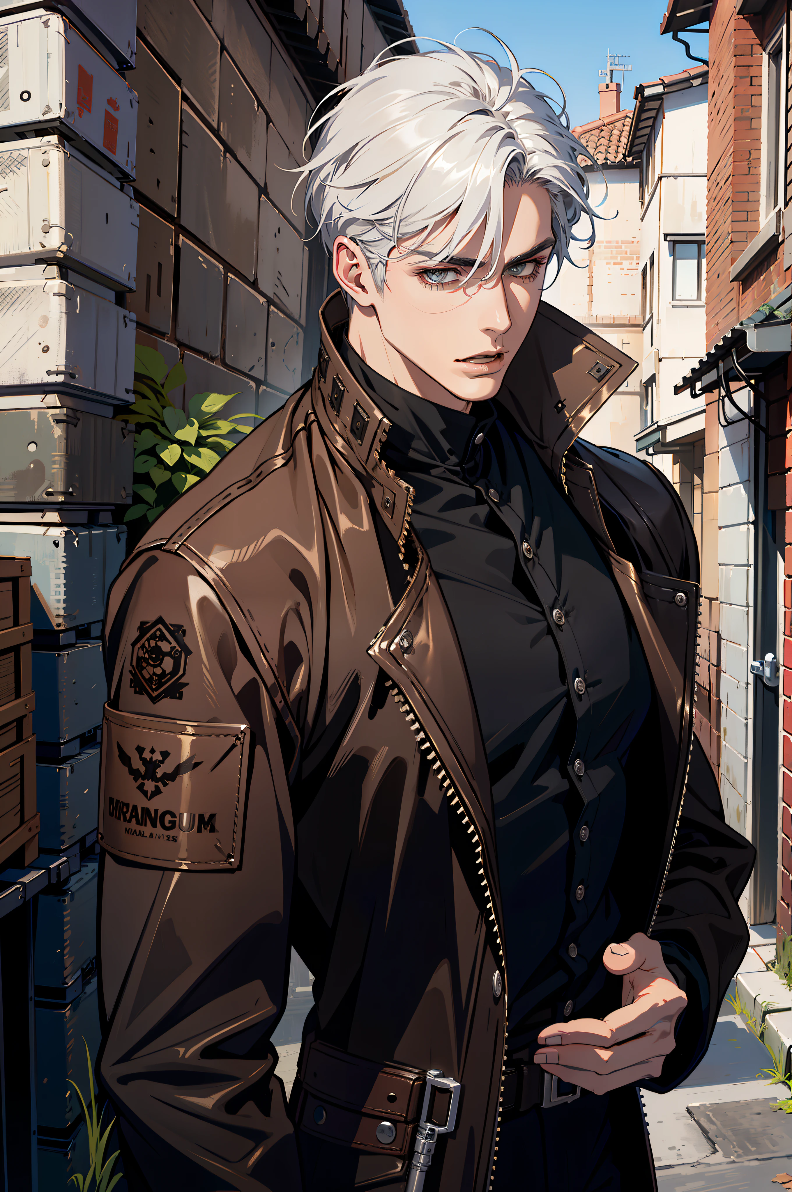 ((open mouth)), (gray eyes), (absurd res, high res, ultra detailed), 1 male, adult, handsome, tall muscular guy, broad shoulders, white hair, finely detailed eyes, portrait, looking at viewer, solo, half shot, detailed background, detailed face, (steampunk industrial), smirk, renegade, rugged dark leather clothes, small leather pouch, high fantasy medieval setting, smuggler hideout background, stealth, undercover, (crates in background), shadows, fog, (dutch angle),