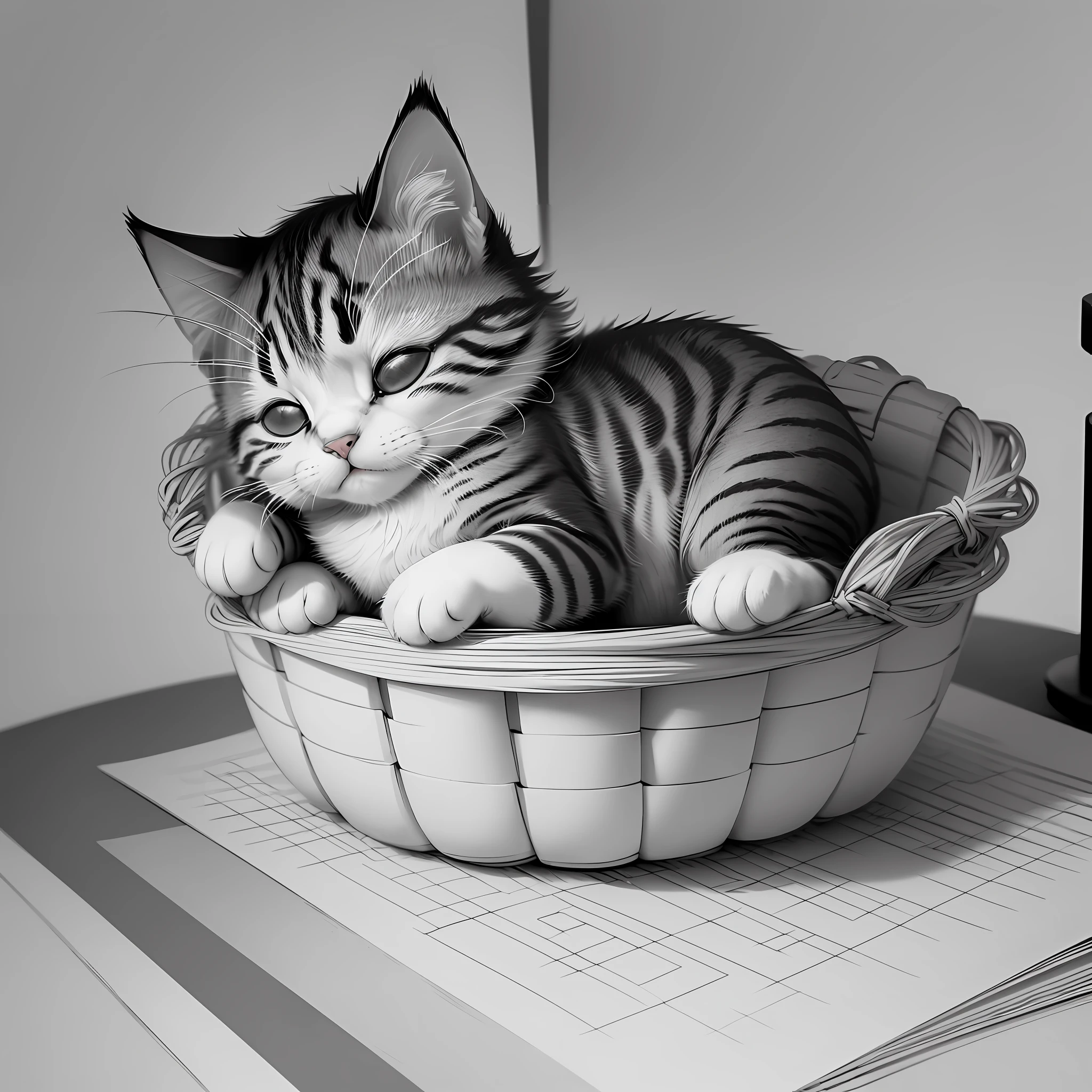 A cute little cat sleeping in a basket, masterpiece, best quality, lineart, monochrome, white background, black and white, coloring book for children, on paper, full page, free lines, art line high detailed, to print, perfect anatomy, ((white background)) --auto --s2