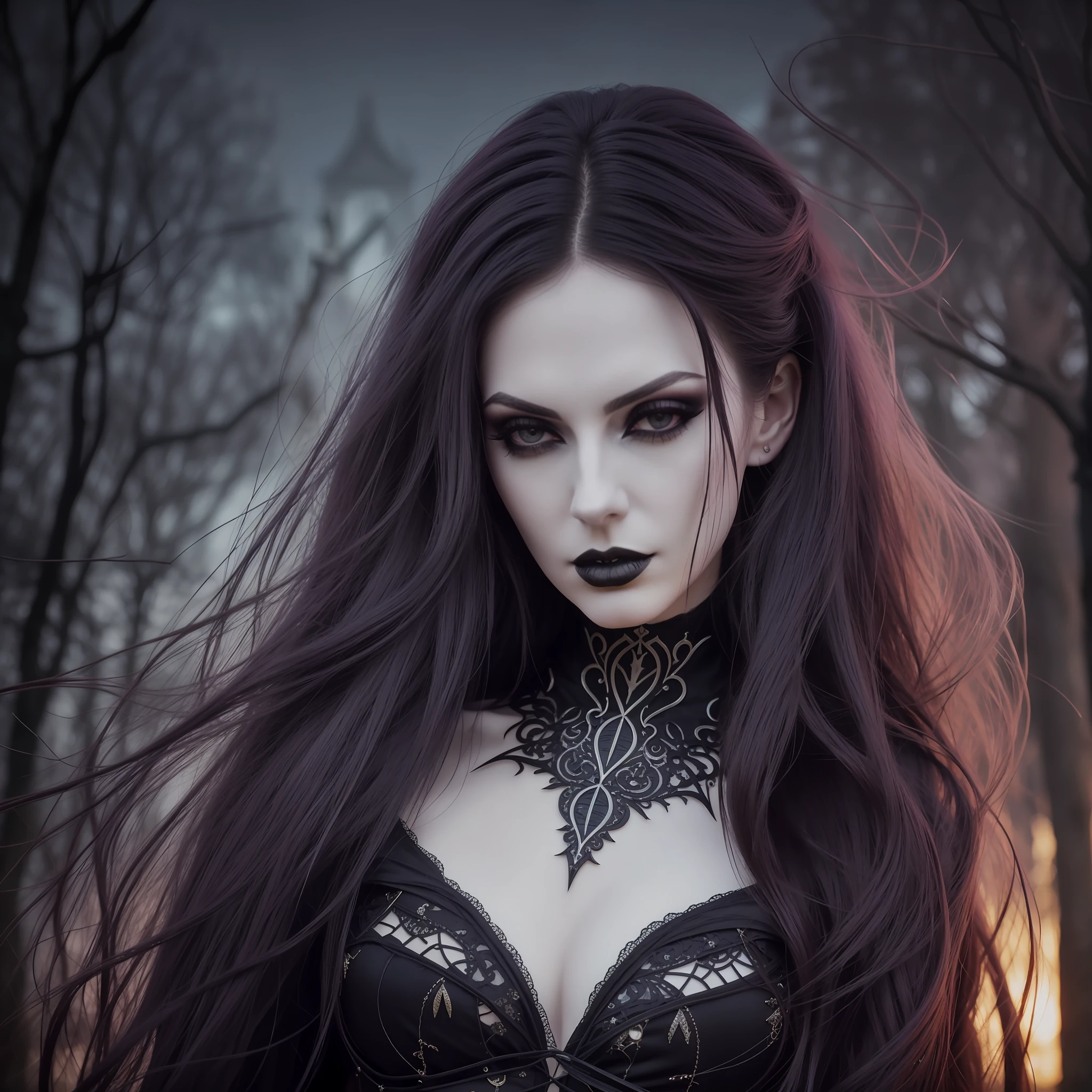 Photograph of a Gothic woman with pale skin, long and voluminous hair, sharp eyes, a thin and upturned nose, shapely lips, an hourglass body shape, dark clothes and makeup, intricate maximalist-detailed, vibrant, epic, smooth, cinematic, 4K, backlit, creepy graveyard background, and a deep depth of field.